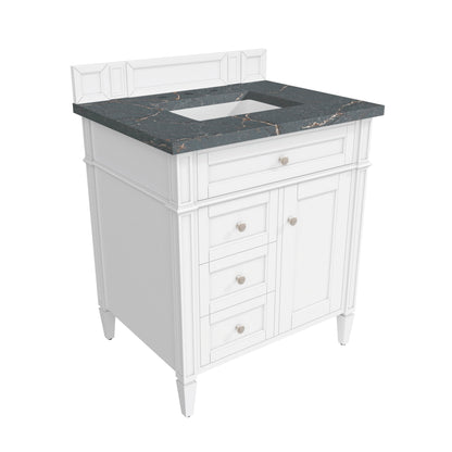 James Martin Vanities Brittany 30" Bright White Single Vanity With 3 cm Parisien Bleu Quartz Top