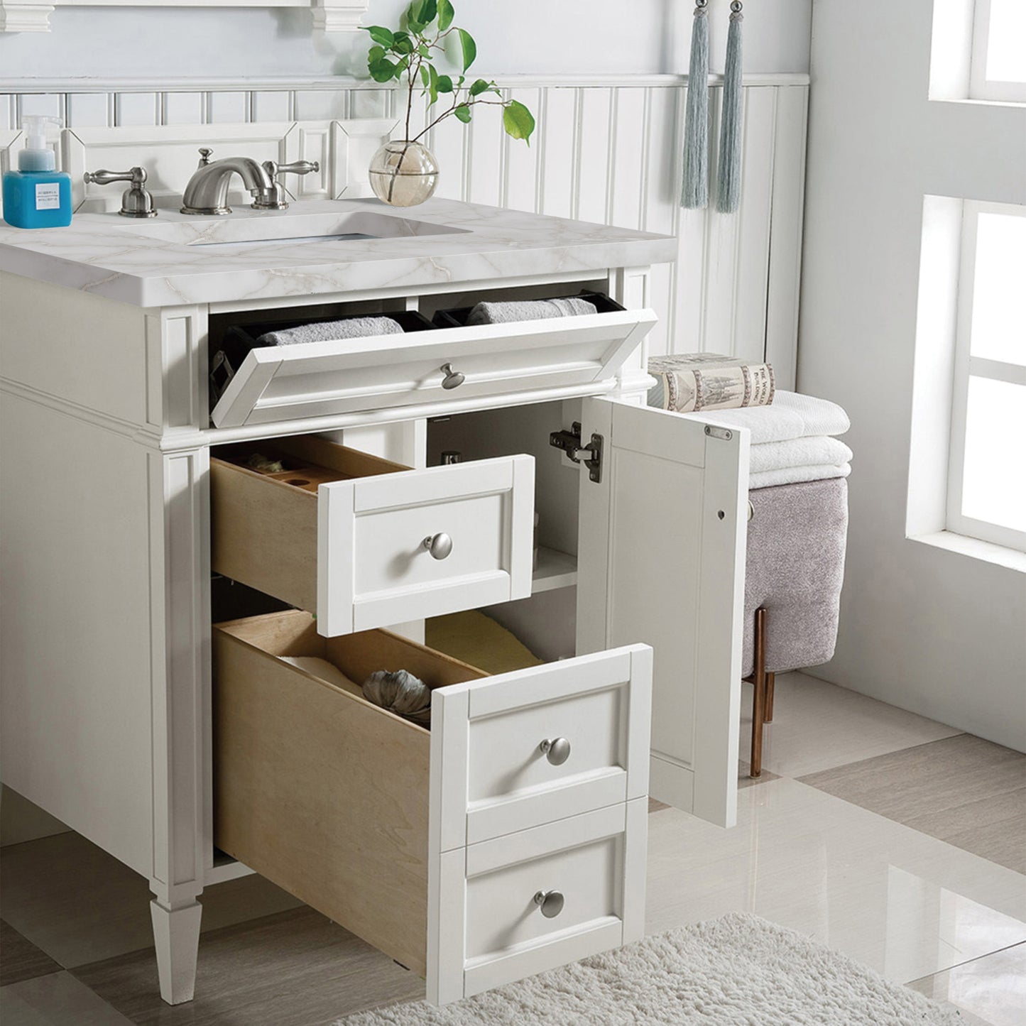 James Martin Vanities Brittany 30" Bright White Single Vanity With 3 cm Victorian Silver Quartz Top