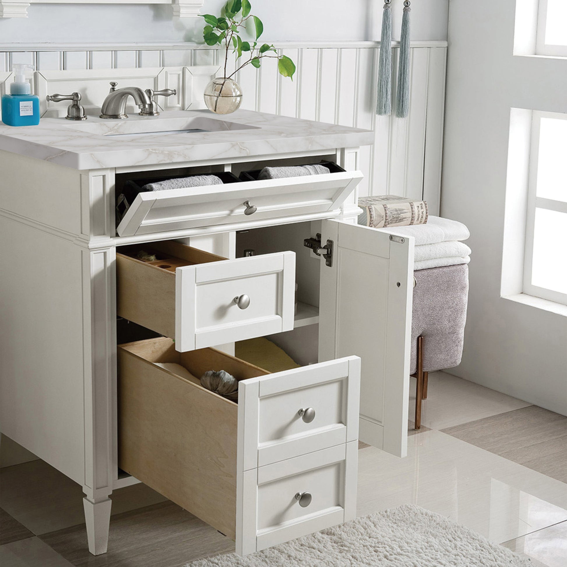 James Martin Vanities Brittany 30" Bright White Single Vanity With 3 cm Victorian Silver Quartz Top