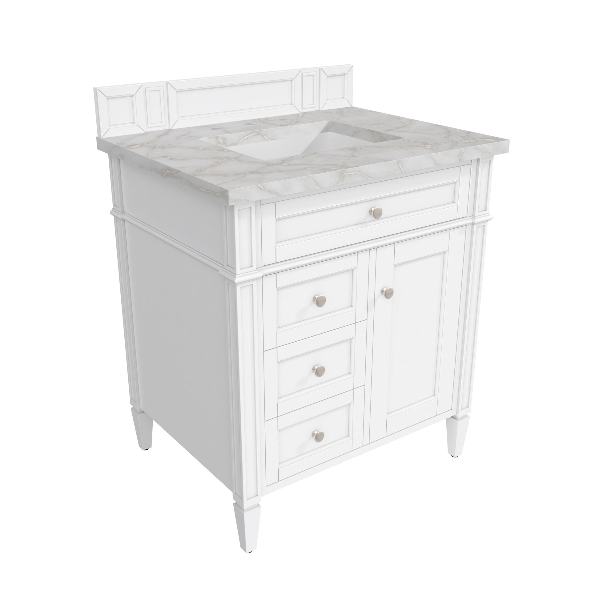 James Martin Vanities Brittany 30" Bright White Single Vanity With 3 cm Victorian Silver Quartz Top