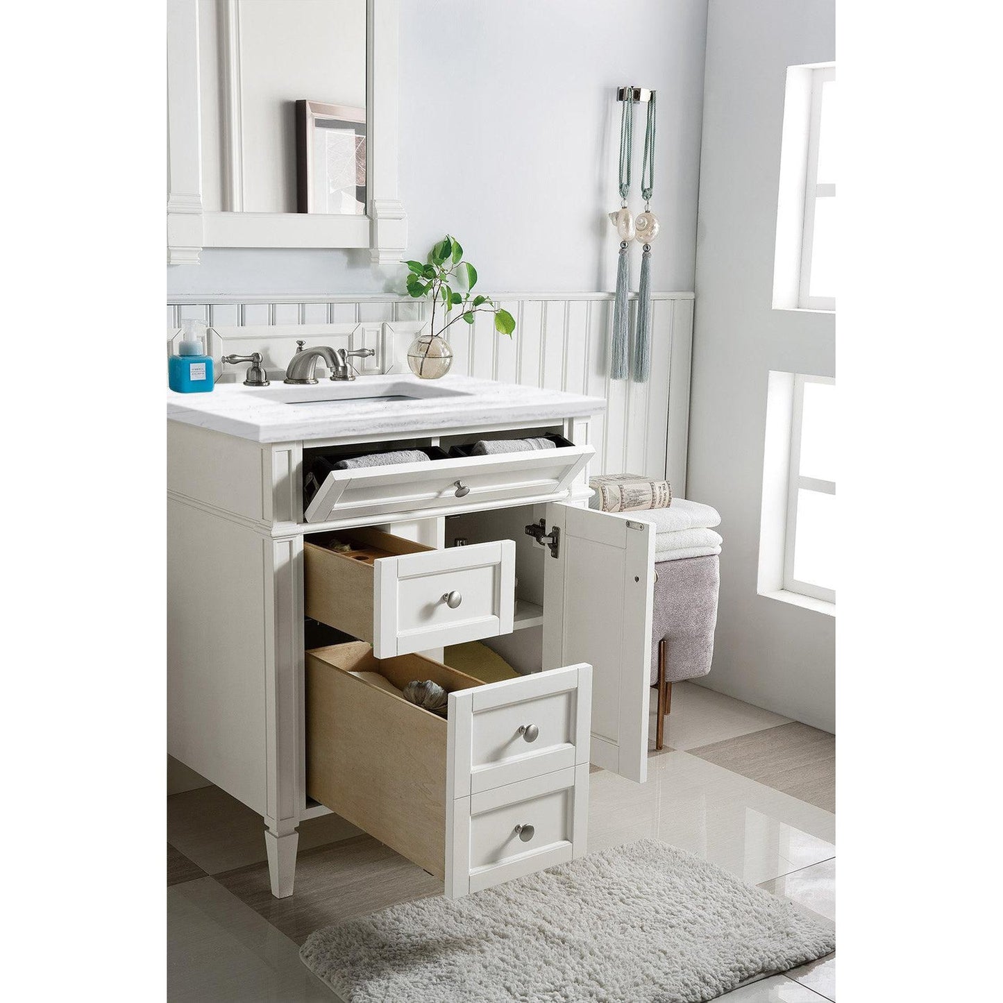 James Martin Vanities Brittany 30" Bright White Single Vanity With 3cm Arctic Fall Solid Surface Top