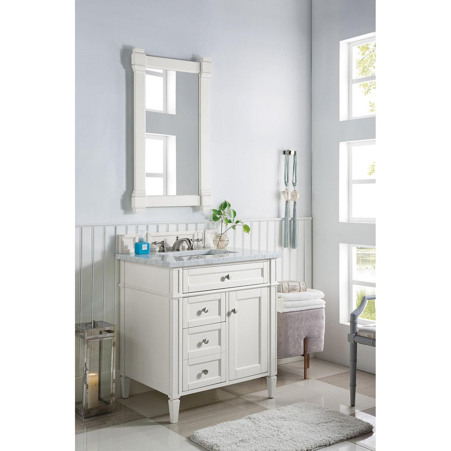 James Martin Vanities Brittany 30" Bright White Single Vanity With 3cm Carrara Marble Top