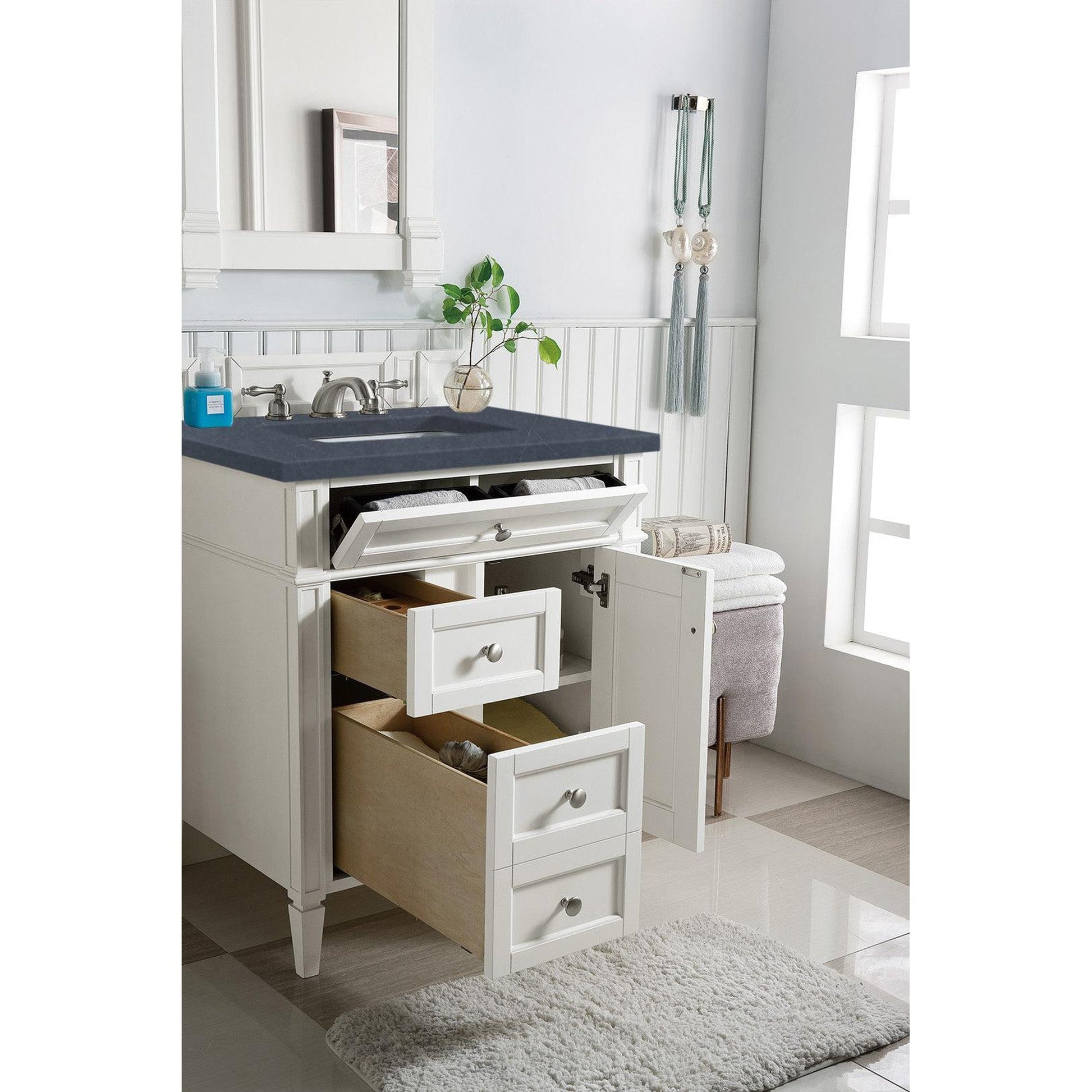 James Martin Vanities Brittany 30" Bright White Single Vanity With 3cm Charcoal Soapstone Quartz Top