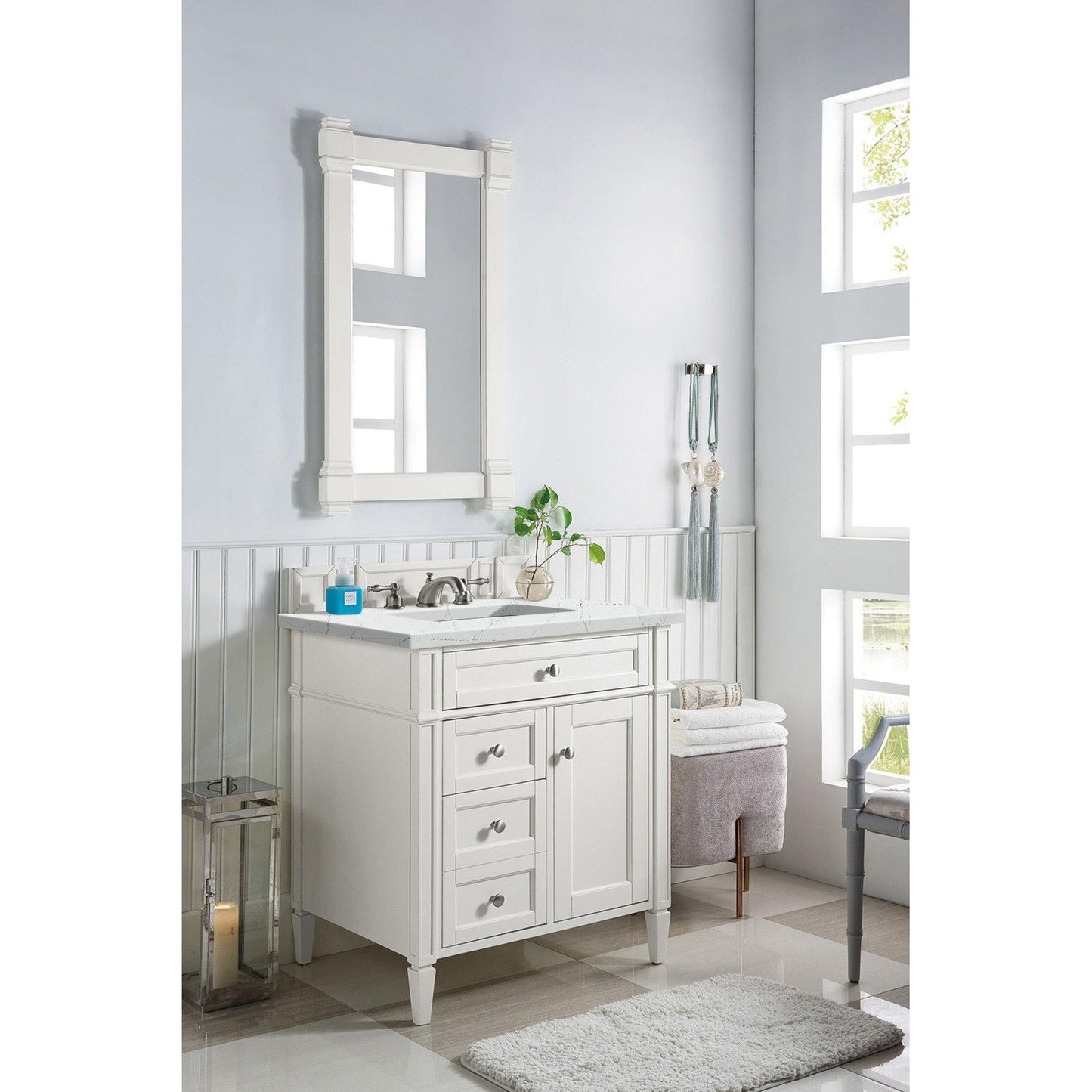 James Martin Vanities Brittany 30" Bright White Single Vanity With 3cm Ethereal Noctis Quartz Top