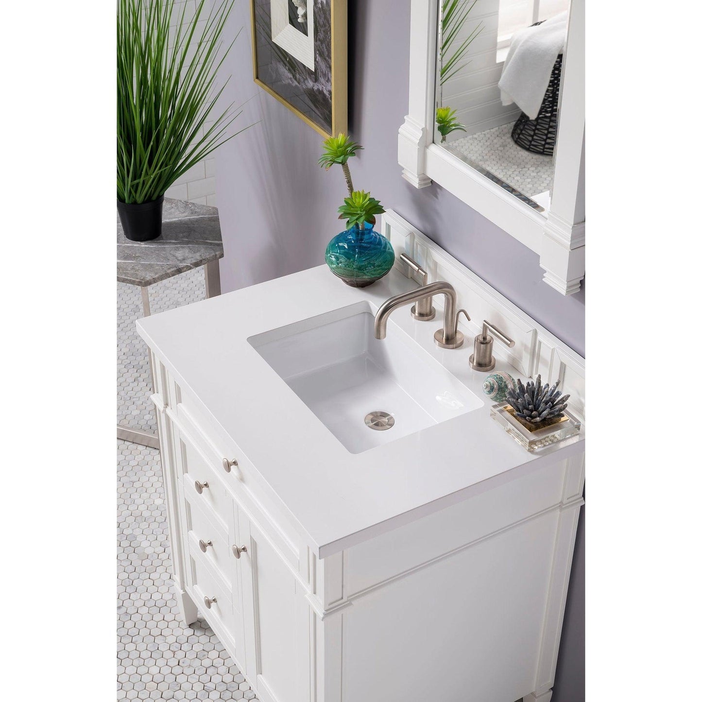 James Martin Vanities Brittany 30" Bright White Single Vanity With 3cm White Zeus Quartz Top