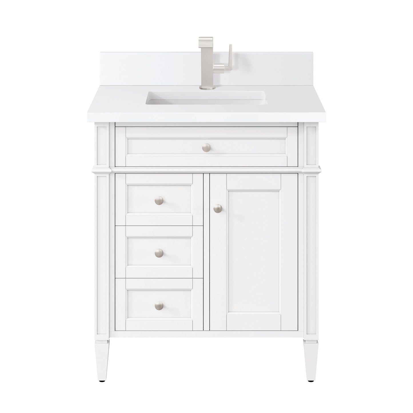 James Martin Vanities Brittany 30" Bright White Single Vanity With Single Hole 3 cm White Zeus Quartz Top & Backsplash