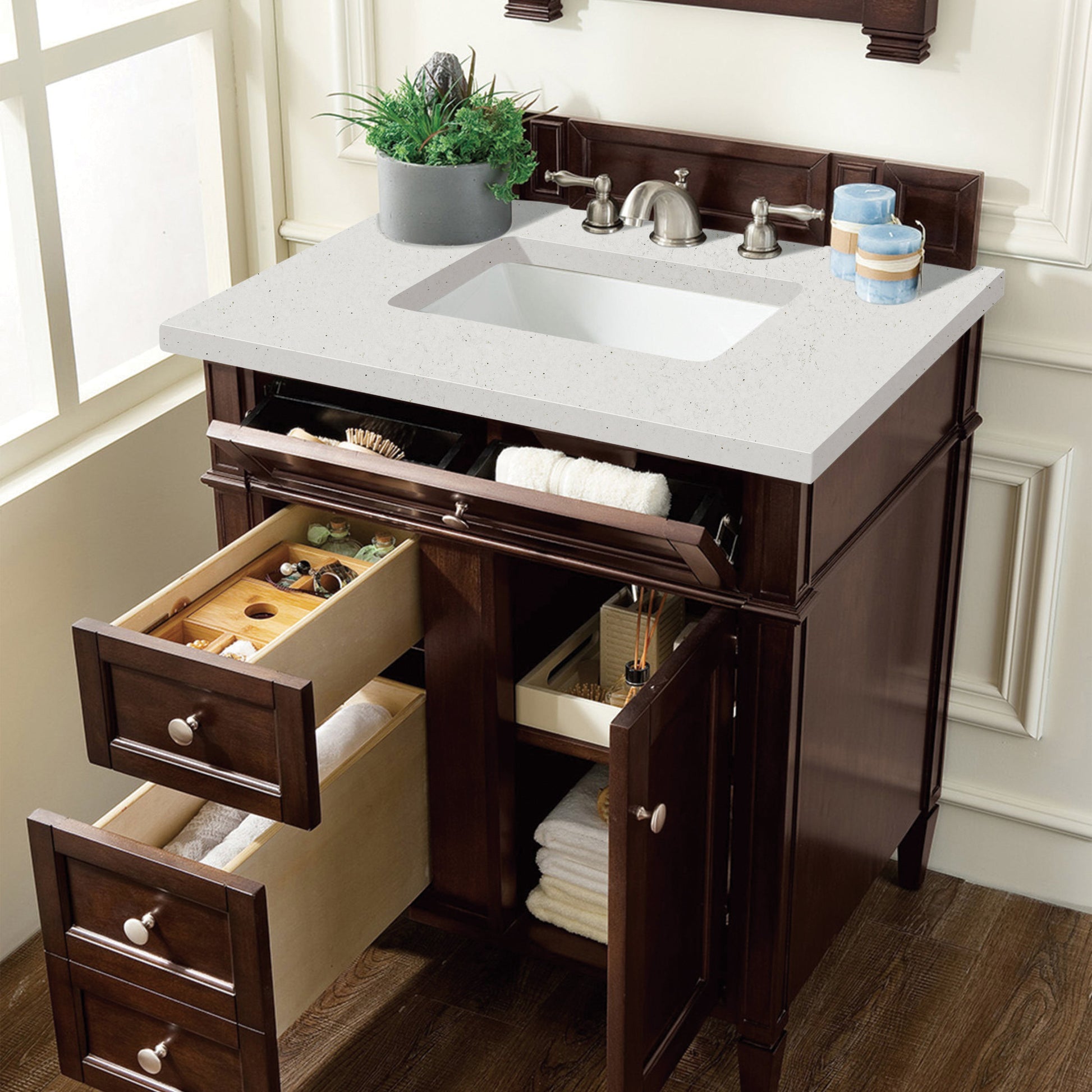 James Martin Vanities Brittany 30" Burnished Mahogany Single Vanity With 3 cm Lime Delight Quartz Top