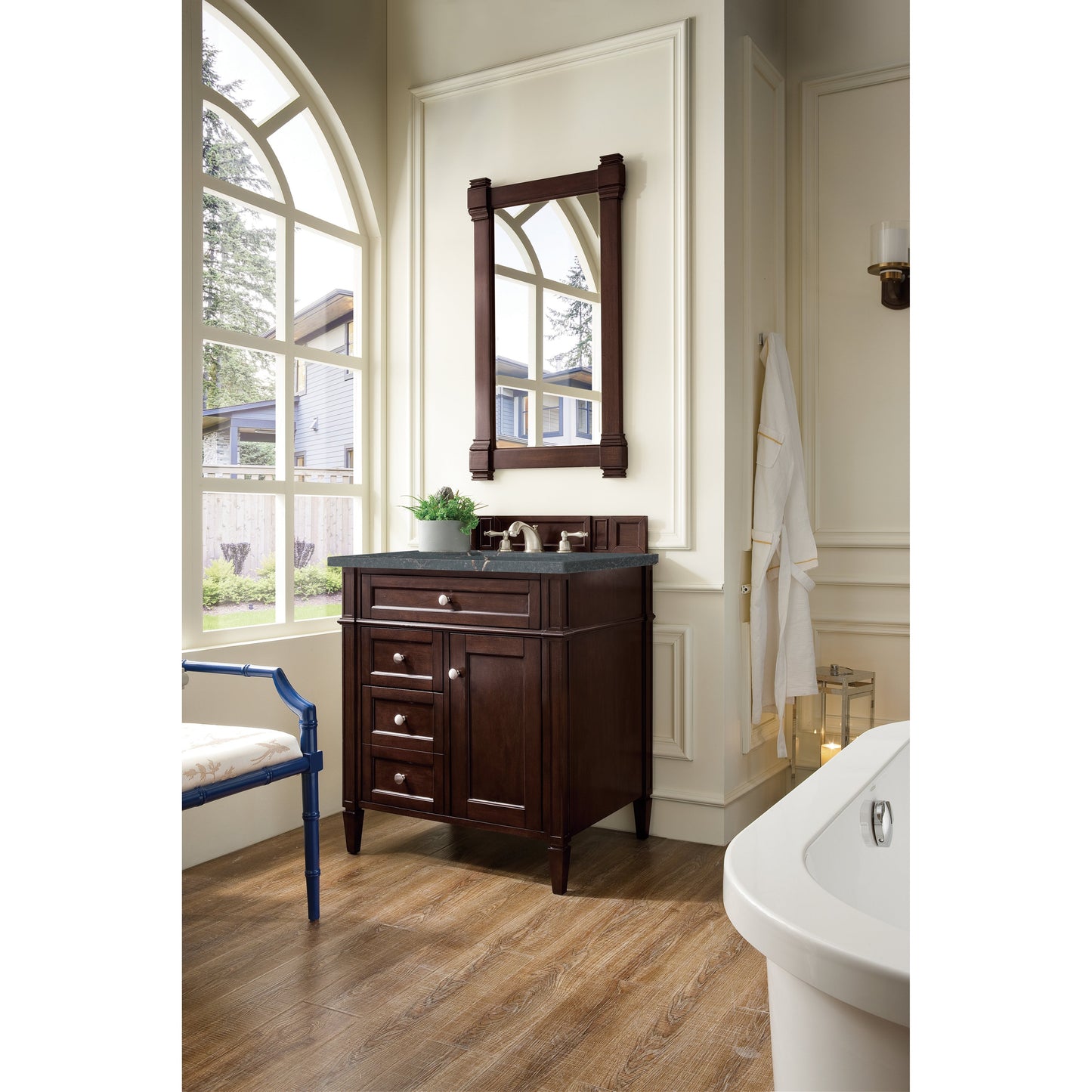 James Martin Vanities Brittany 30" Burnished Mahogany Single Vanity With 3 cm Parisien Bleu Quartz Top