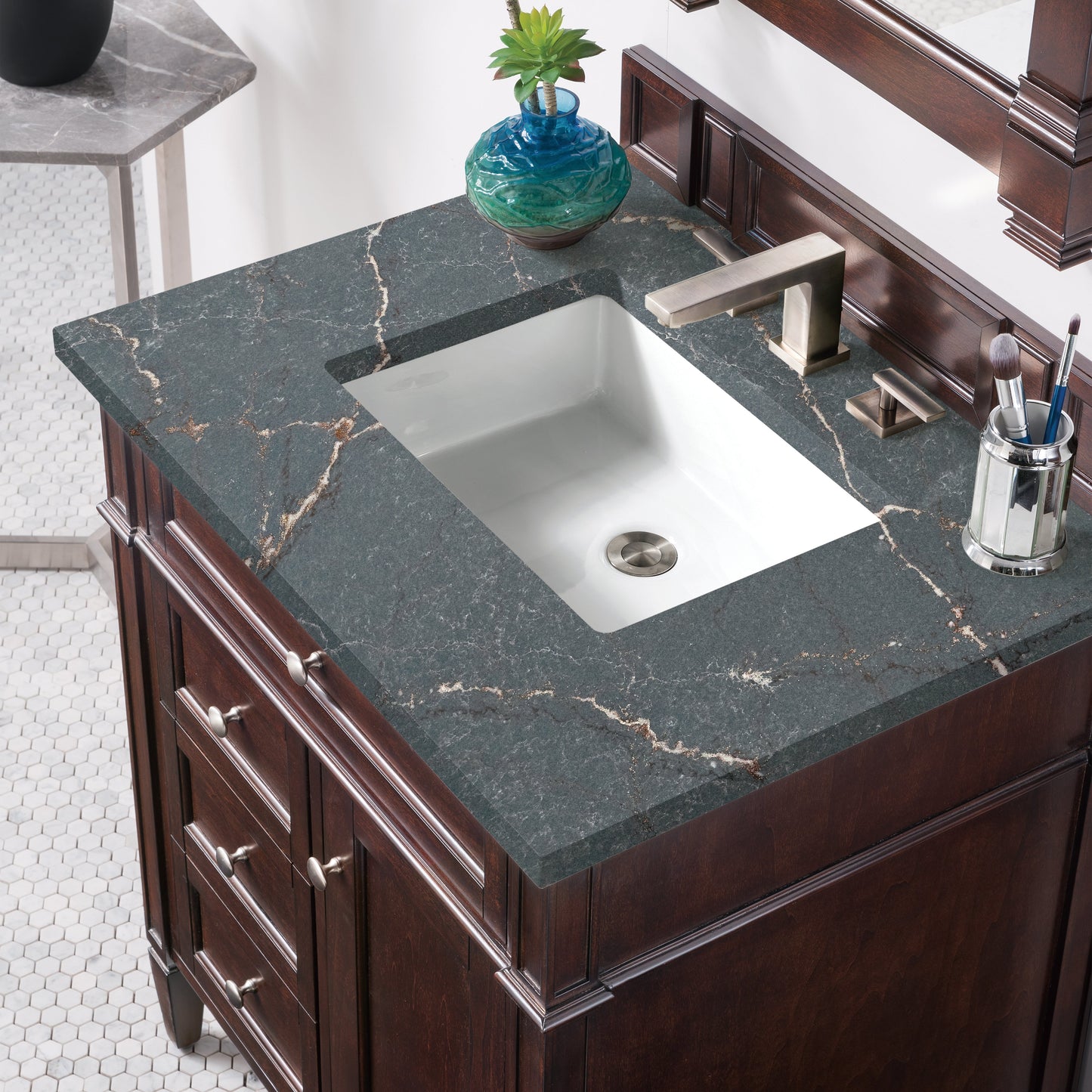 James Martin Vanities Brittany 30" Burnished Mahogany Single Vanity With 3 cm Parisien Bleu Quartz Top