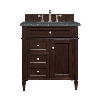 James Martin Vanities Brittany 30" Burnished Mahogany Single Vanity With 3 cm Parisien Bleu Quartz Top