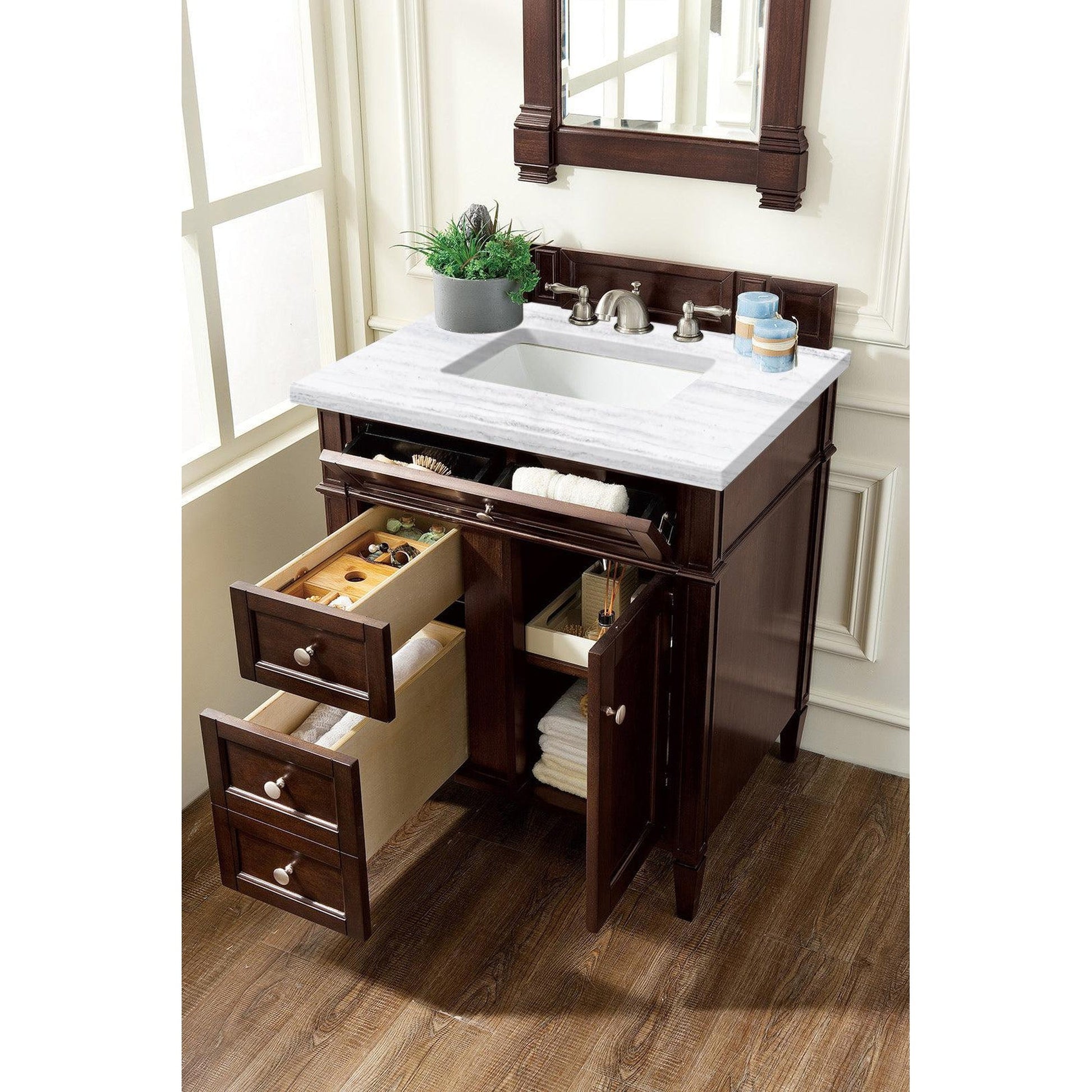 James Martin Vanities Brittany 30" Burnished Mahogany Single Vanity With 3cm Arctic Fall Solid Surface Top