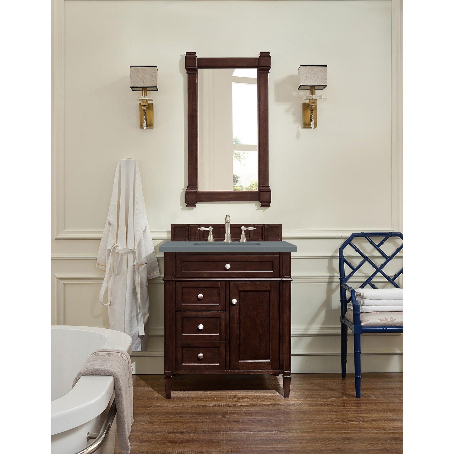 James Martin Vanities Brittany 30" Burnished Mahogany Single Vanity With 3cm Cala Blue Quartz Top