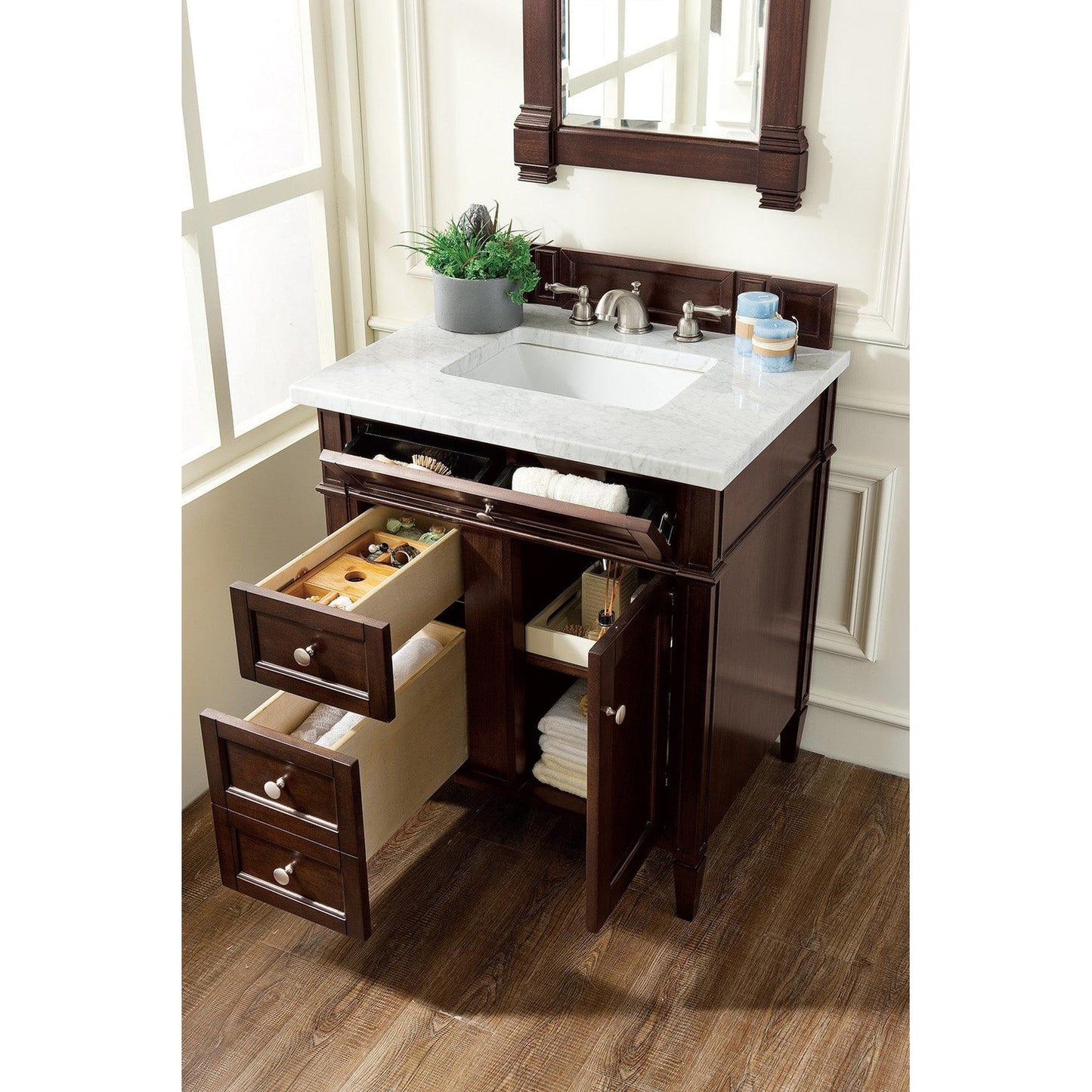 James Martin Vanities Brittany 30" Burnished Mahogany Single Vanity With 3cm Carrara Marble Top