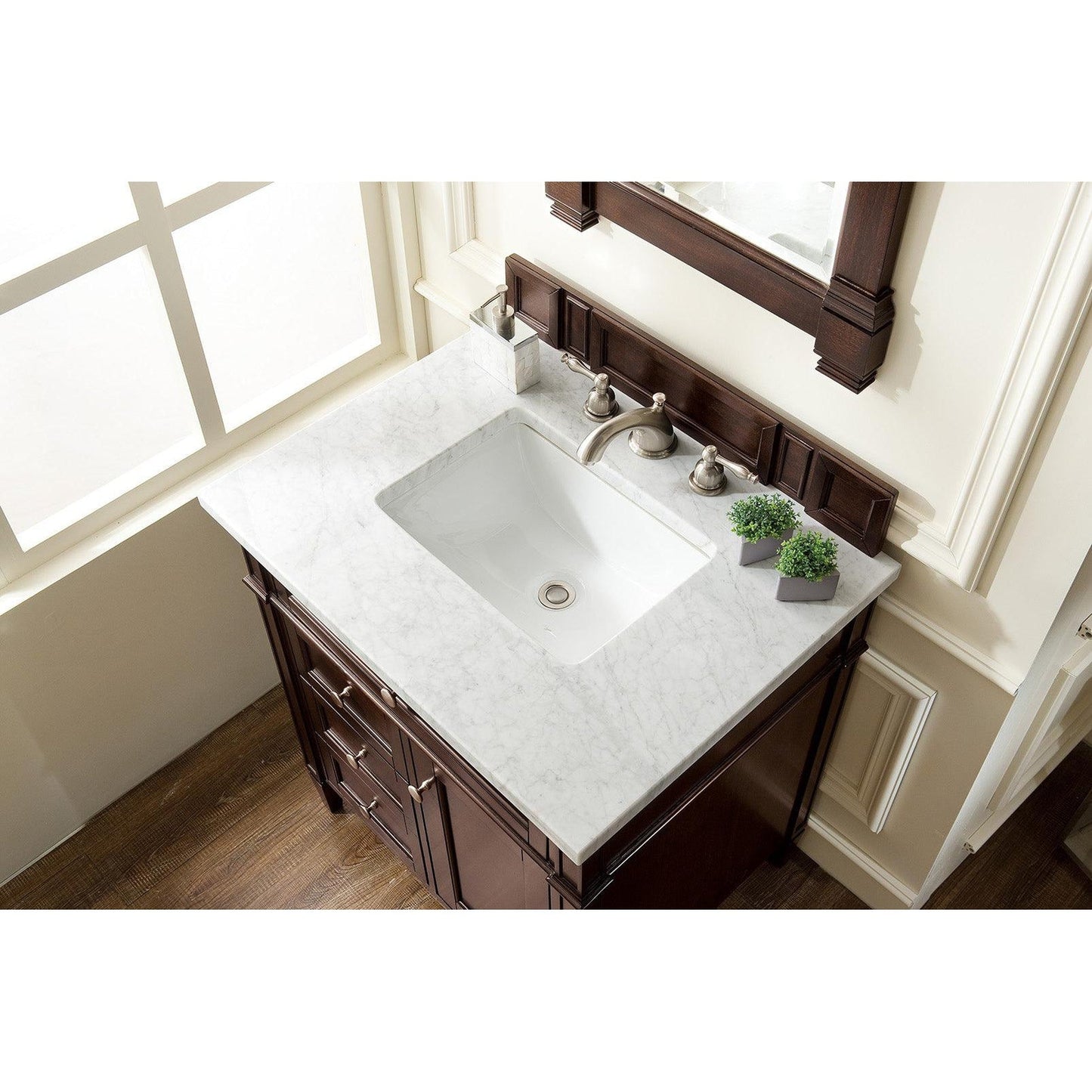 James Martin Vanities Brittany 30" Burnished Mahogany Single Vanity With 3cm Carrara Marble Top