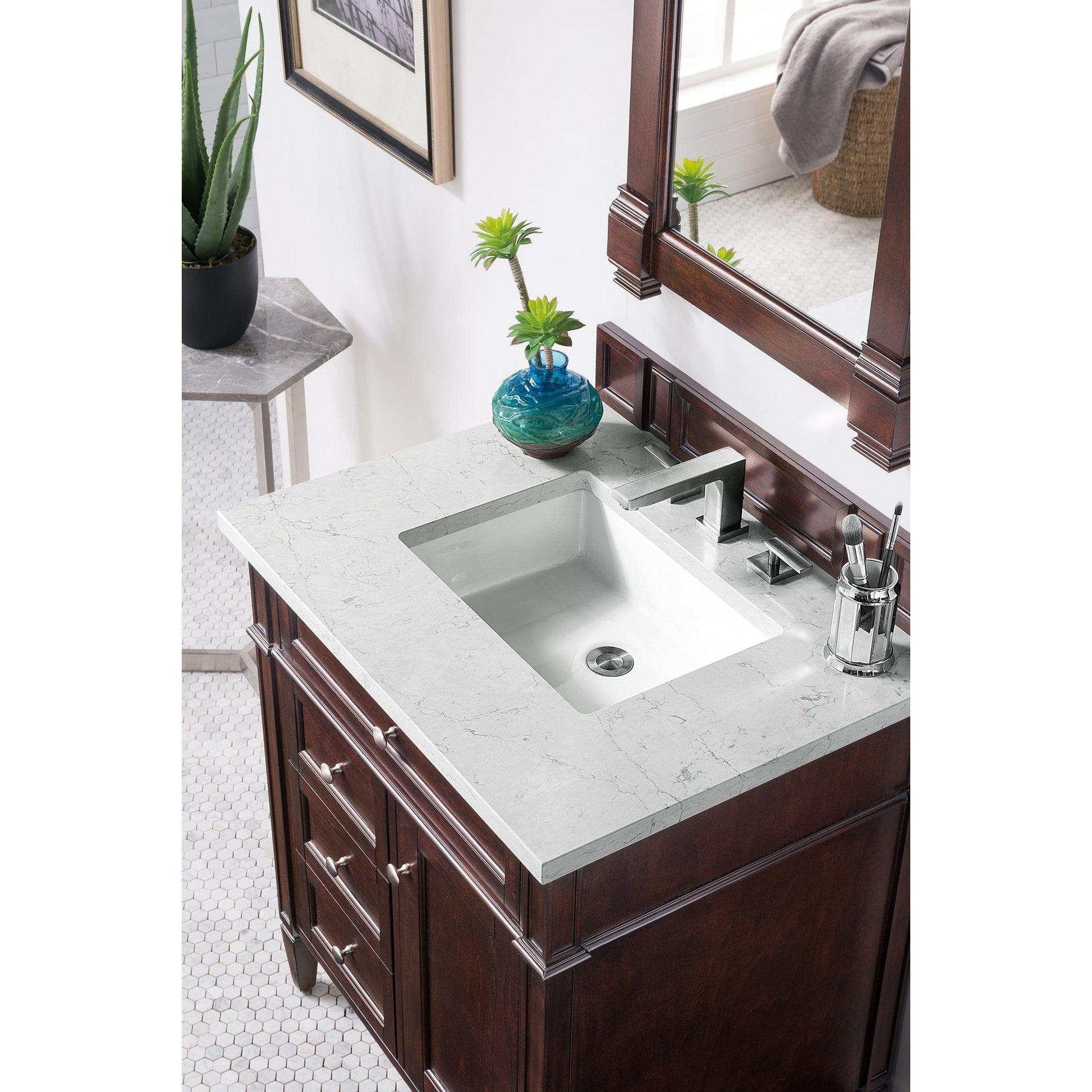 James Martin Vanities Brittany 30" Burnished Mahogany Single Vanity With 3cm Eternal Jasmine Pearl Quartz Top