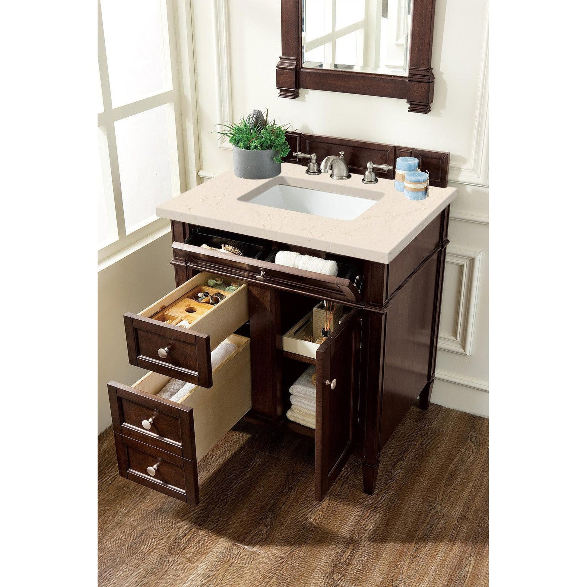 James Martin Vanities Brittany 30" Burnished Mahogany Single Vanity With 3cm Eternal Marfil Quartz Top