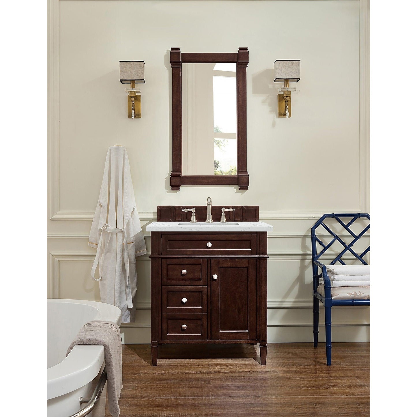 James Martin Vanities Brittany 30" Burnished Mahogany Single Vanity With 3cm Ethereal Noctis Quartz Top