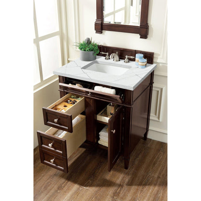 James Martin Vanities Brittany 30" Burnished Mahogany Single Vanity With 3cm Ethereal Noctis Quartz Top