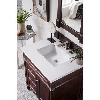 James Martin Vanities Brittany 30" Burnished Mahogany Single Vanity With 3cm White Zeus Quartz Top