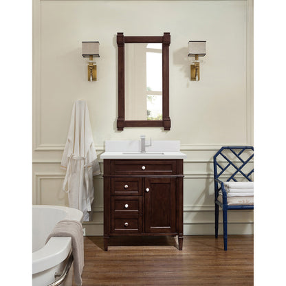 James Martin Vanities Brittany 30" Burnished Mahogany Single Vanity With Single Hole 3 cm White Zeus Quartz Top & Backsplash