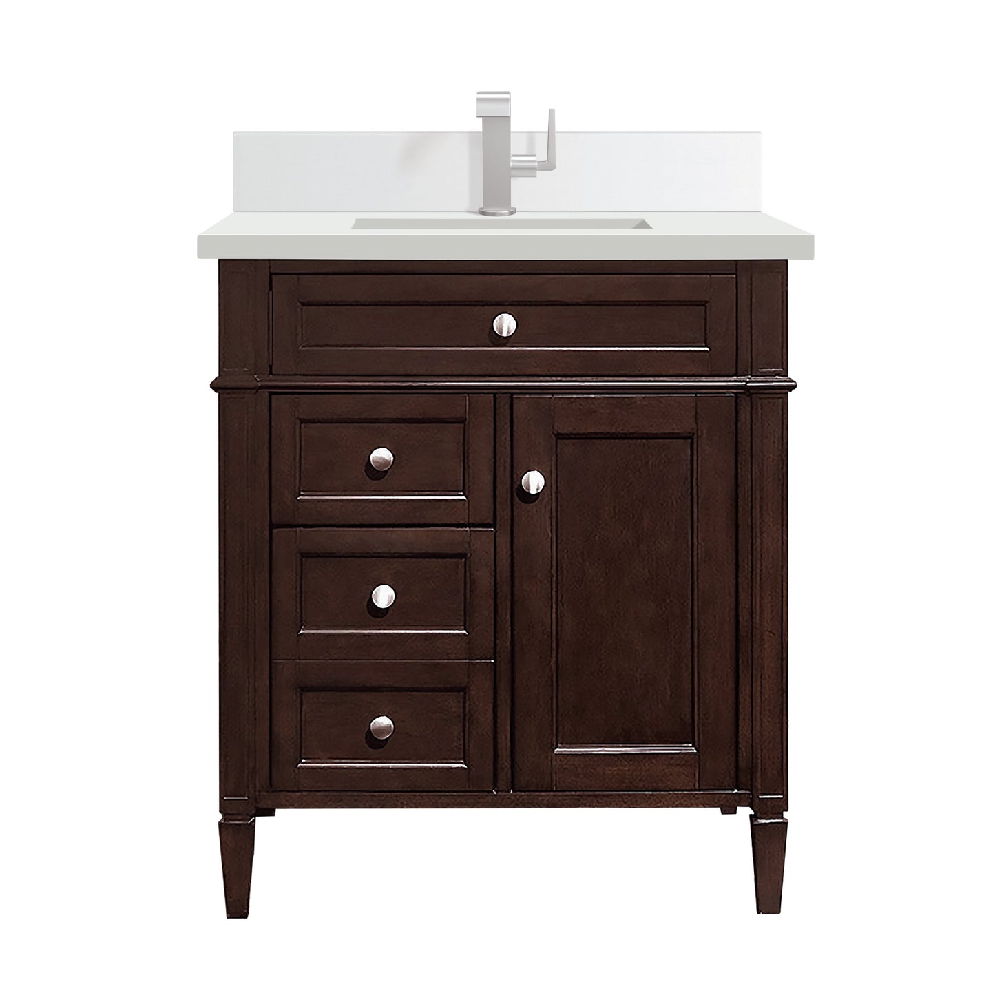 James Martin Vanities Brittany 30" Burnished Mahogany Single Vanity With Single Hole 3 cm White Zeus Quartz Top & Backsplash