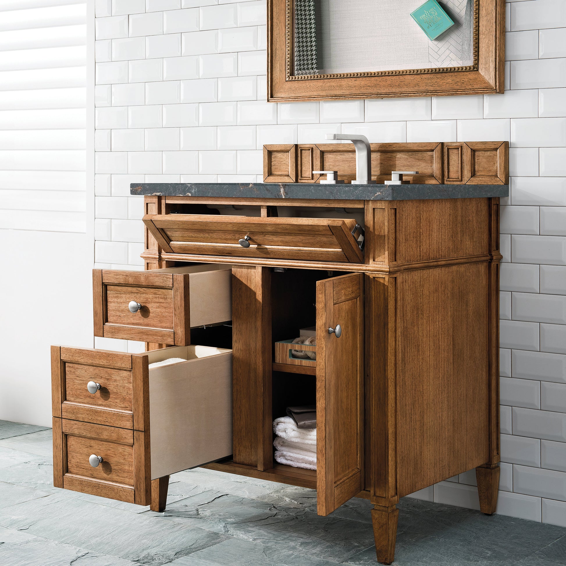 James Martin Vanities Brittany 30" Saddle Brown Single Vanity With 3 cm Parisien Bleu Quartz Top