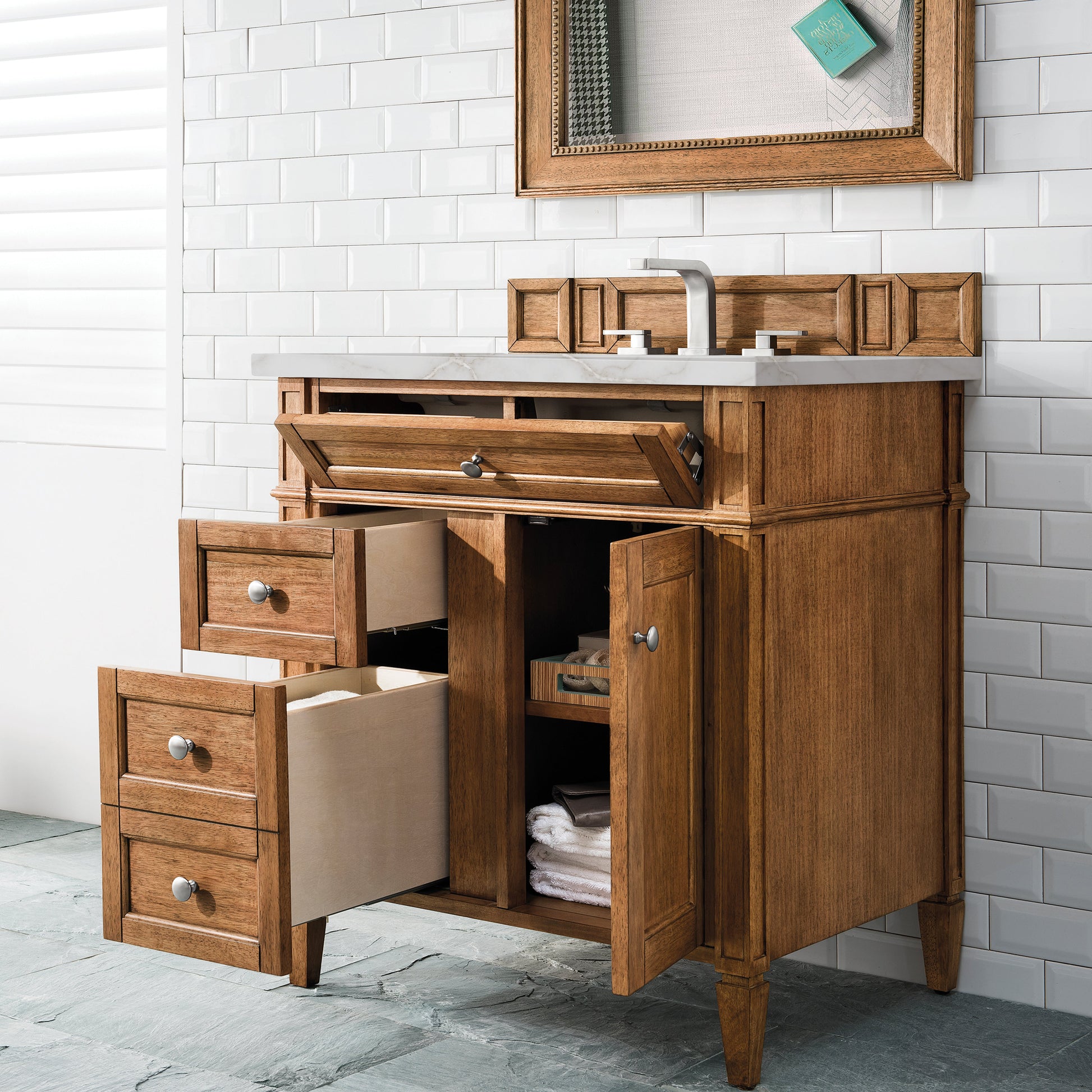 James Martin Vanities Brittany 30" Saddle Brown Single Vanity With 3 cm Victorian Silver Quartz Top