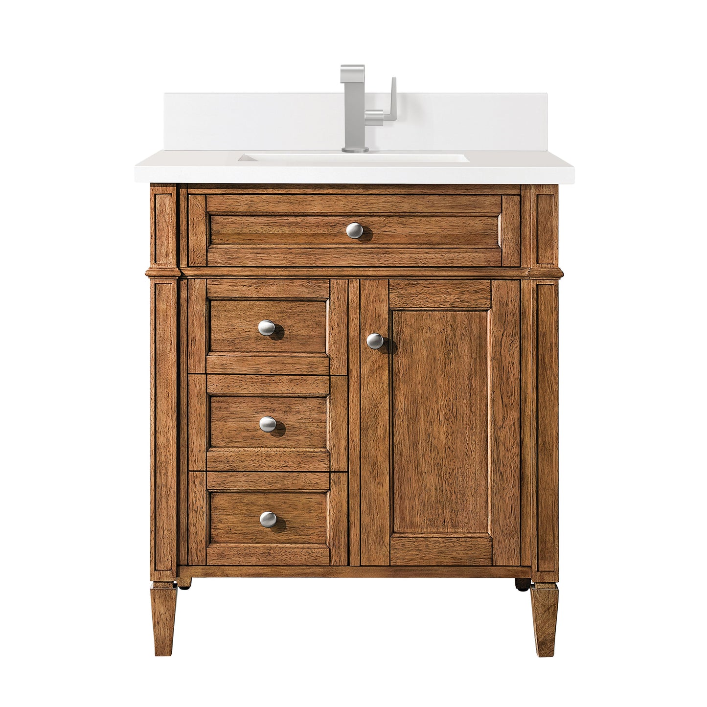 James Martin Vanities Brittany 30" Saddle Brown Single Vanity With Single Hole 3 cm White Zeus Quartz Top & Backsplash