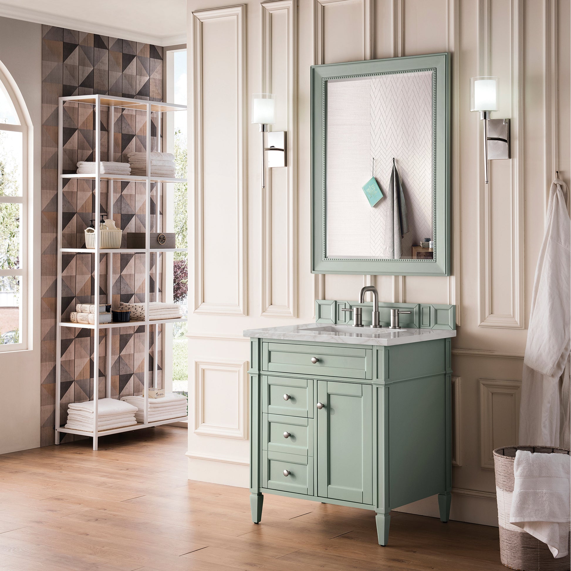 James Martin Vanities Brittany 30" Sage Green Single Vanity With 3 cm Victorian Silver Quartz Top