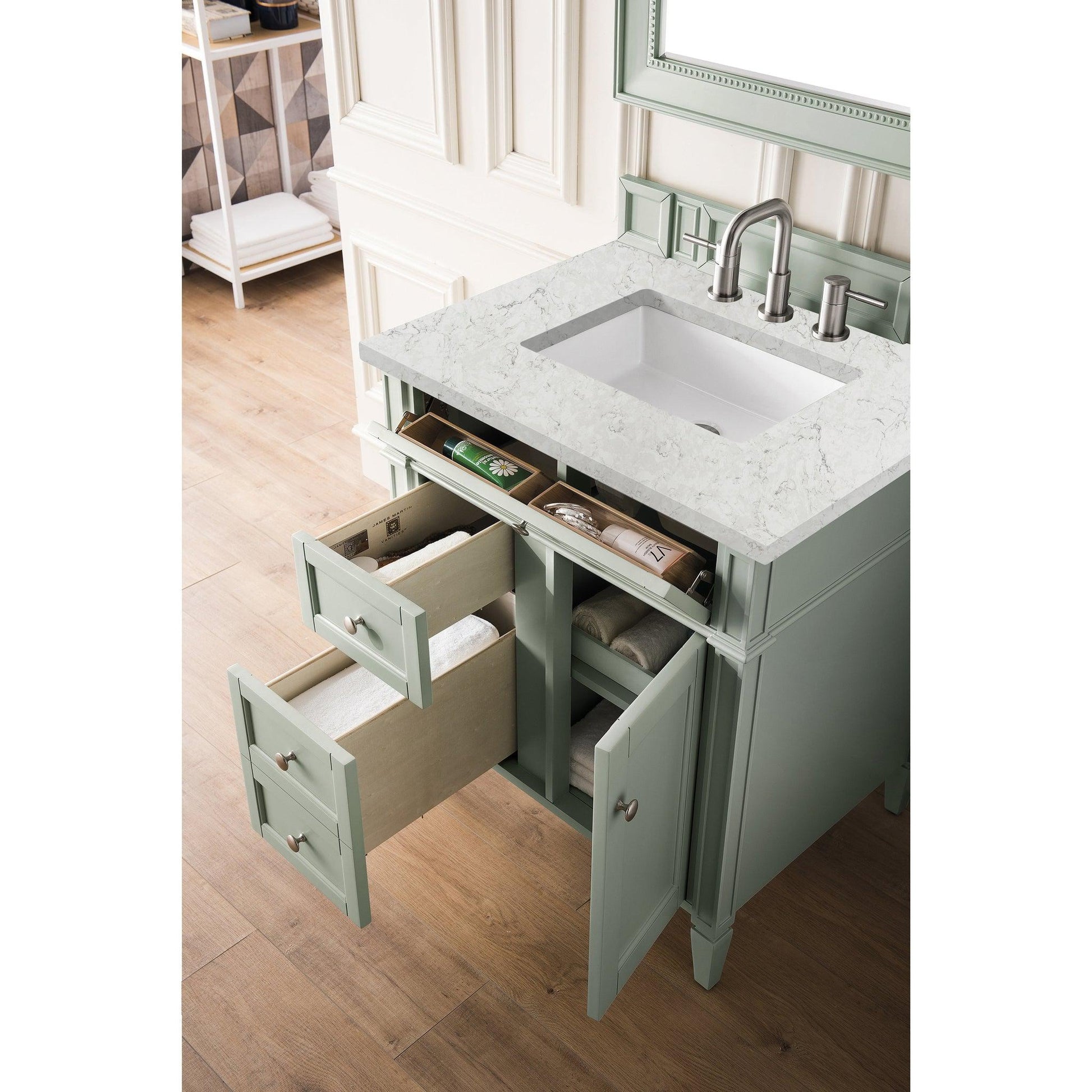 James Martin Vanities Brittany 30" Sage Green Single Vanity With 3cm Eternal Jasmine Pearl Quartz Top