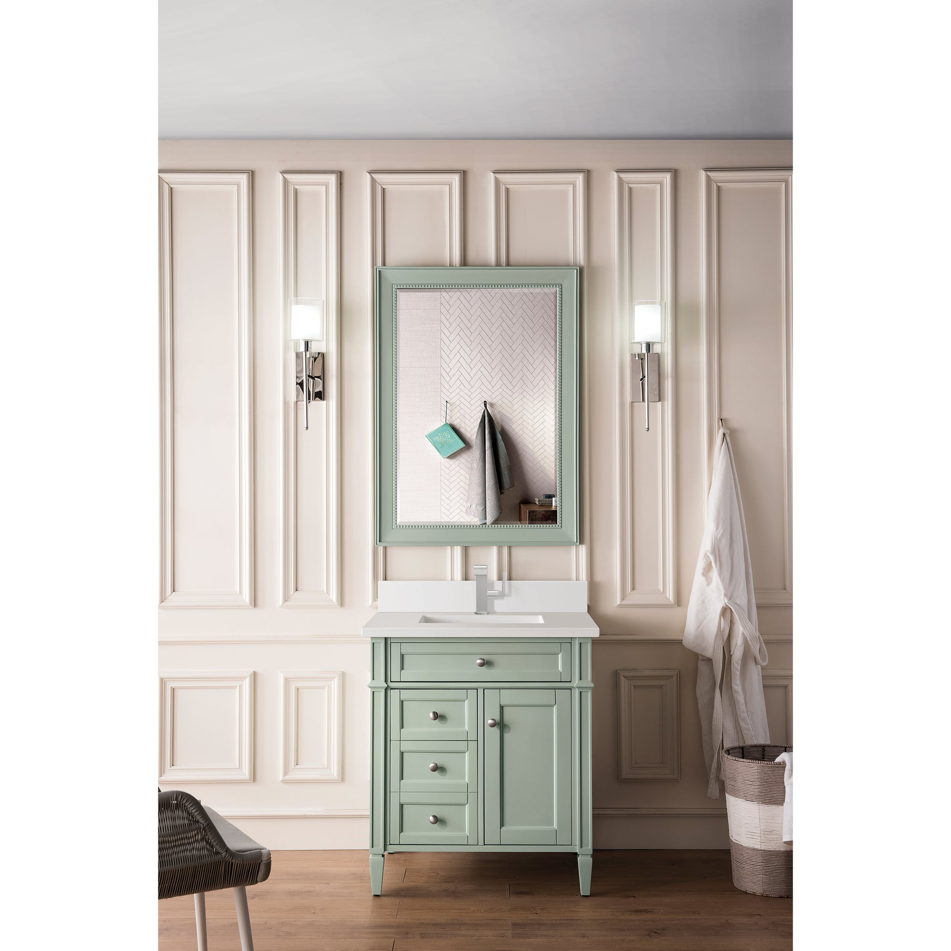 James Martin Vanities Brittany 30" Sage Green Single Vanity With Single Hole 3 cm White Zeus Quartz Top & Backsplash