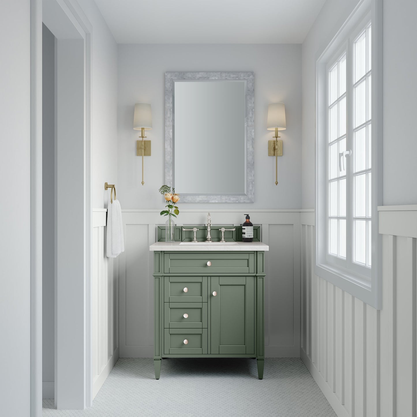 James Martin Vanities Brittany 30" Smokey Celadon Single Vanity With 3 cm White Zeus Top