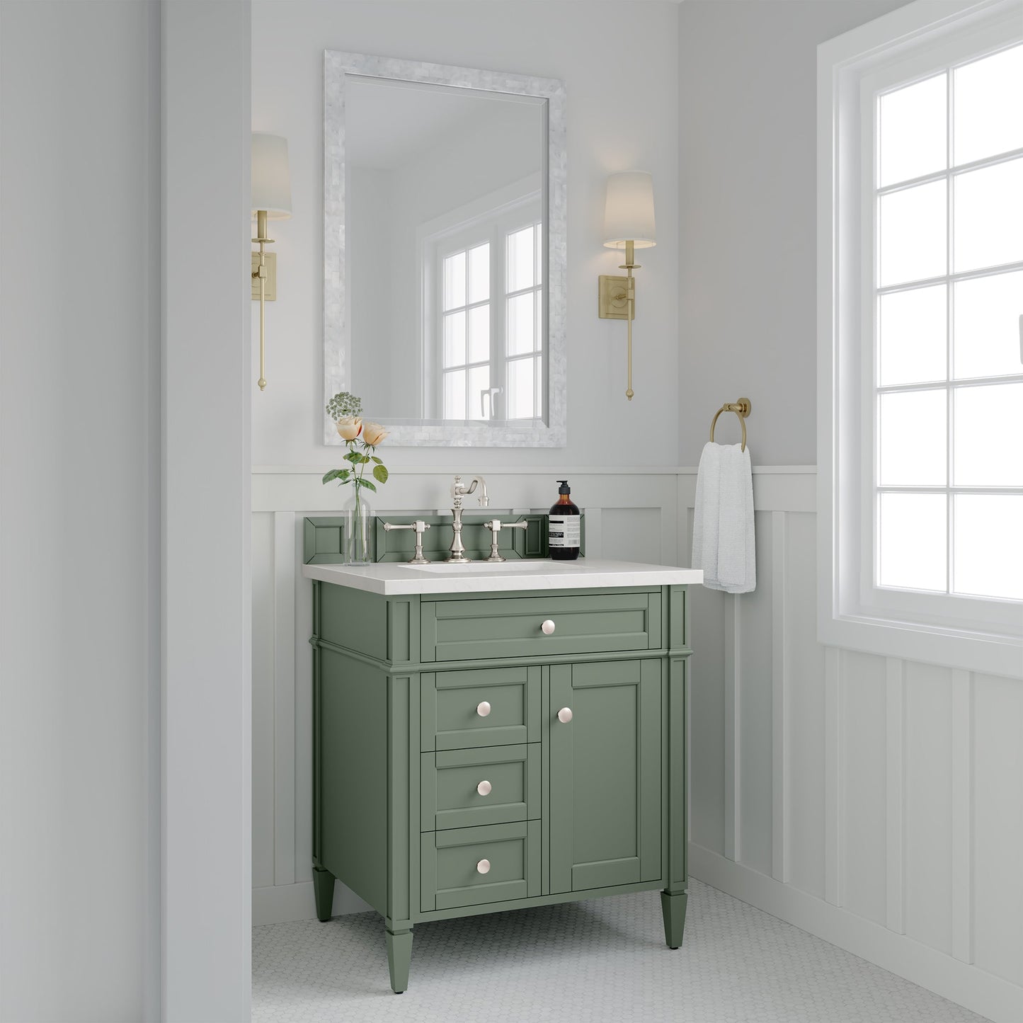 James Martin Vanities Brittany 30" Smokey Celadon Single Vanity With 3 cm White Zeus Top