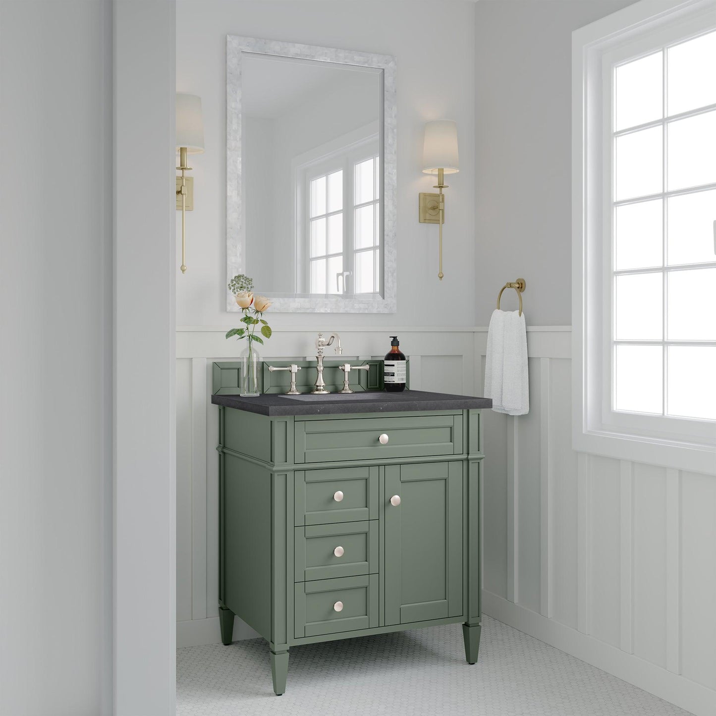 James Martin Vanities Brittany 30" Smokey Celadon Single Vanity With 3cm Charcoal Soapstone Top