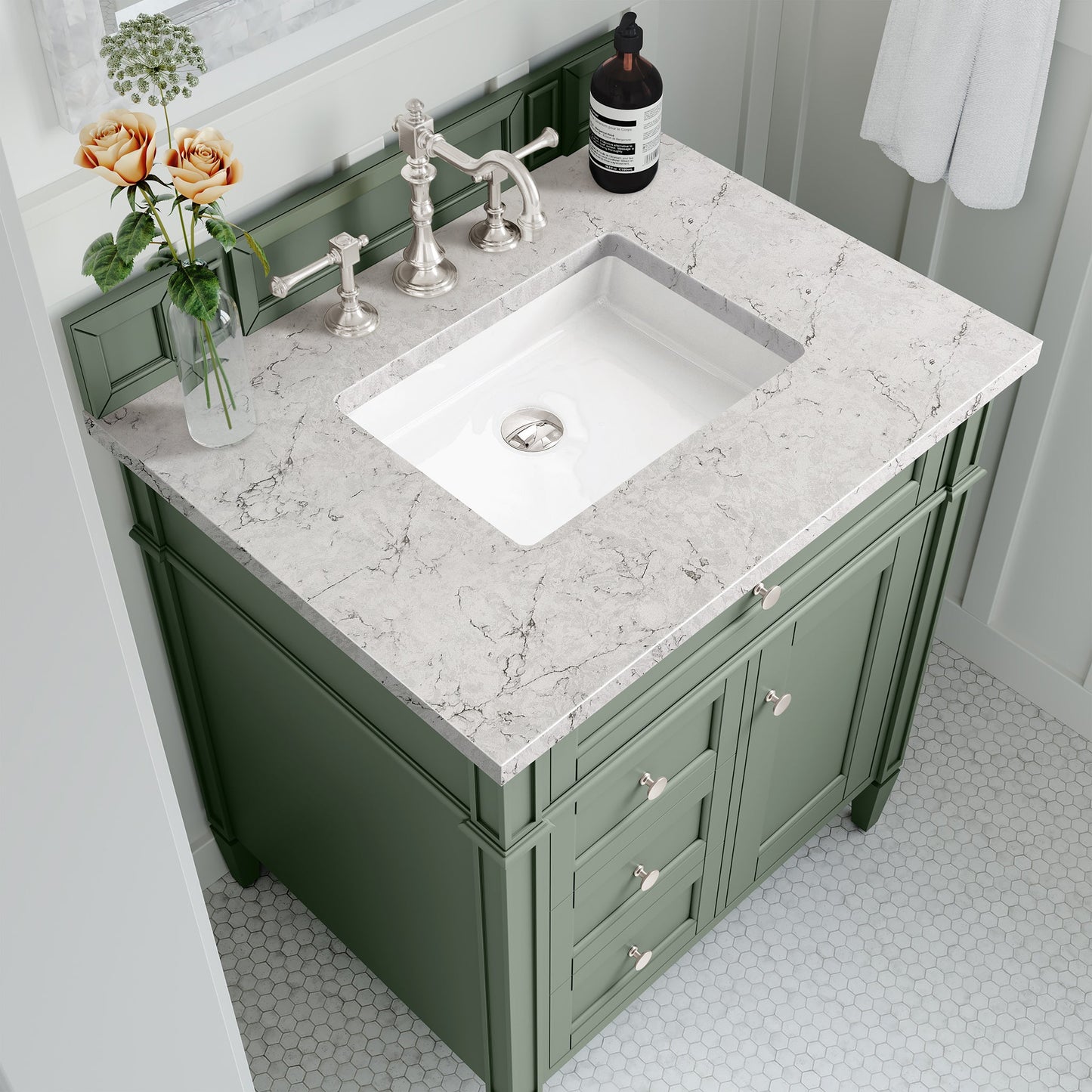 James Martin Vanities Brittany 30" Smokey Celadon Single Vanity With 3cm Eternal Jasmine Pearl Top