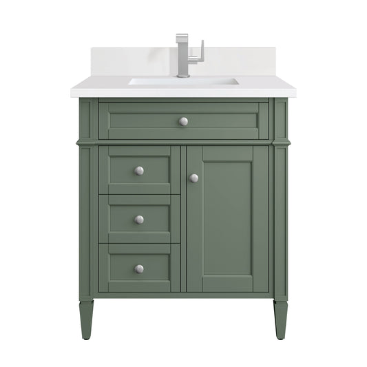 James Martin Vanities Brittany 30" Smokey Celadon Single Vanity With Single Hole 3 cm White Zeus Top & Backsplash