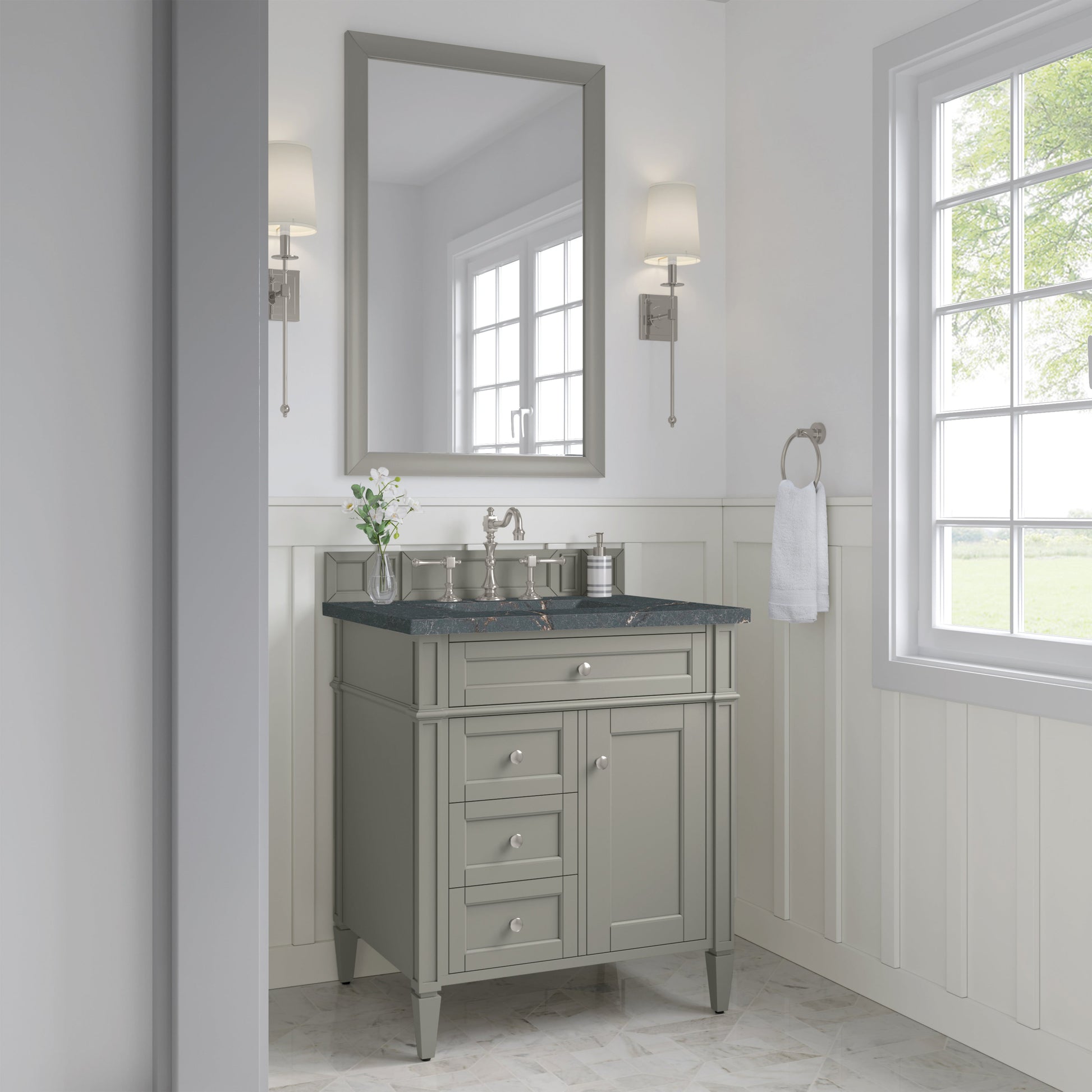 James Martin Vanities Brittany 30" Urban Gray Single Vanity With 3 cm Parisien Bleu Quartz Top