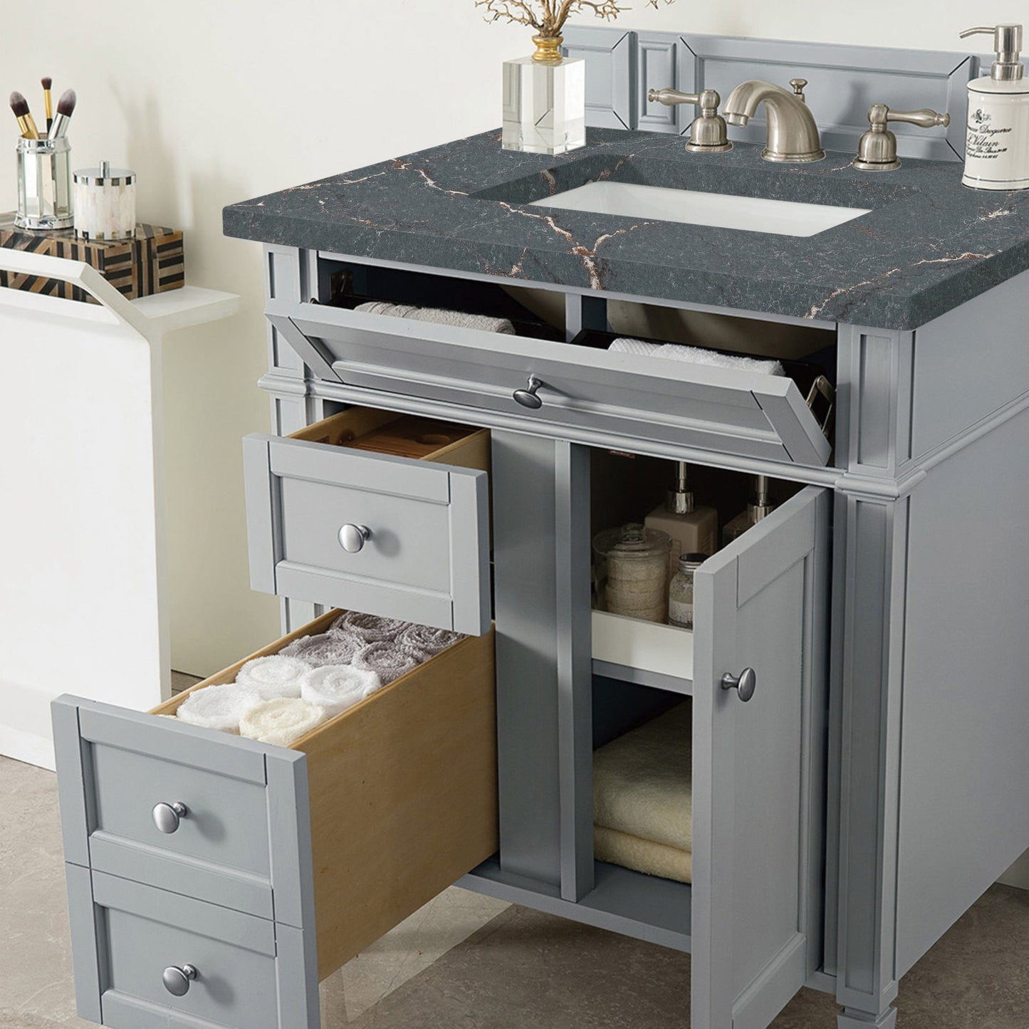 James Martin Vanities Brittany 30" Urban Gray Single Vanity With 3 cm Parisien Bleu Quartz Top