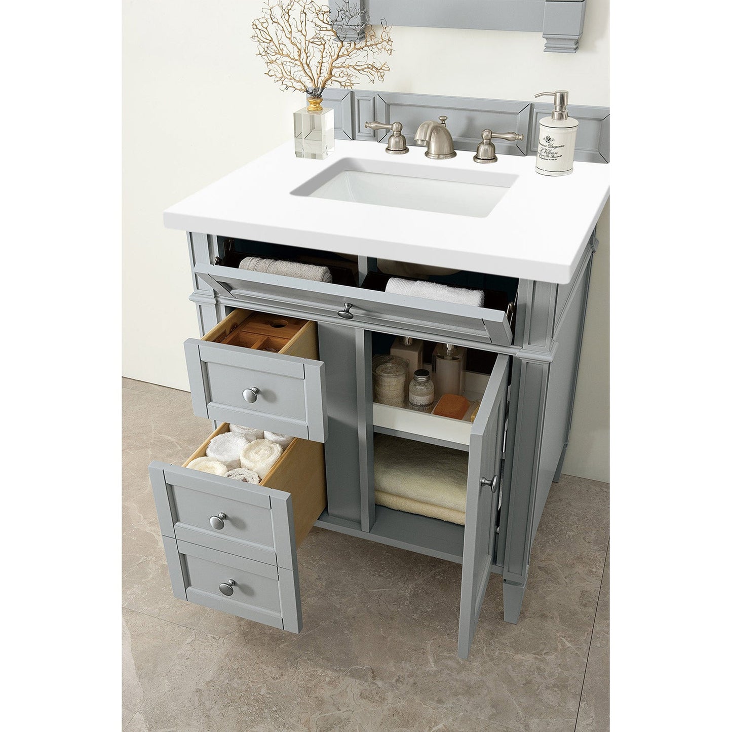 James Martin Vanities Brittany 30" Urban Gray Single Vanity With 3cm White Zeus Quartz Top