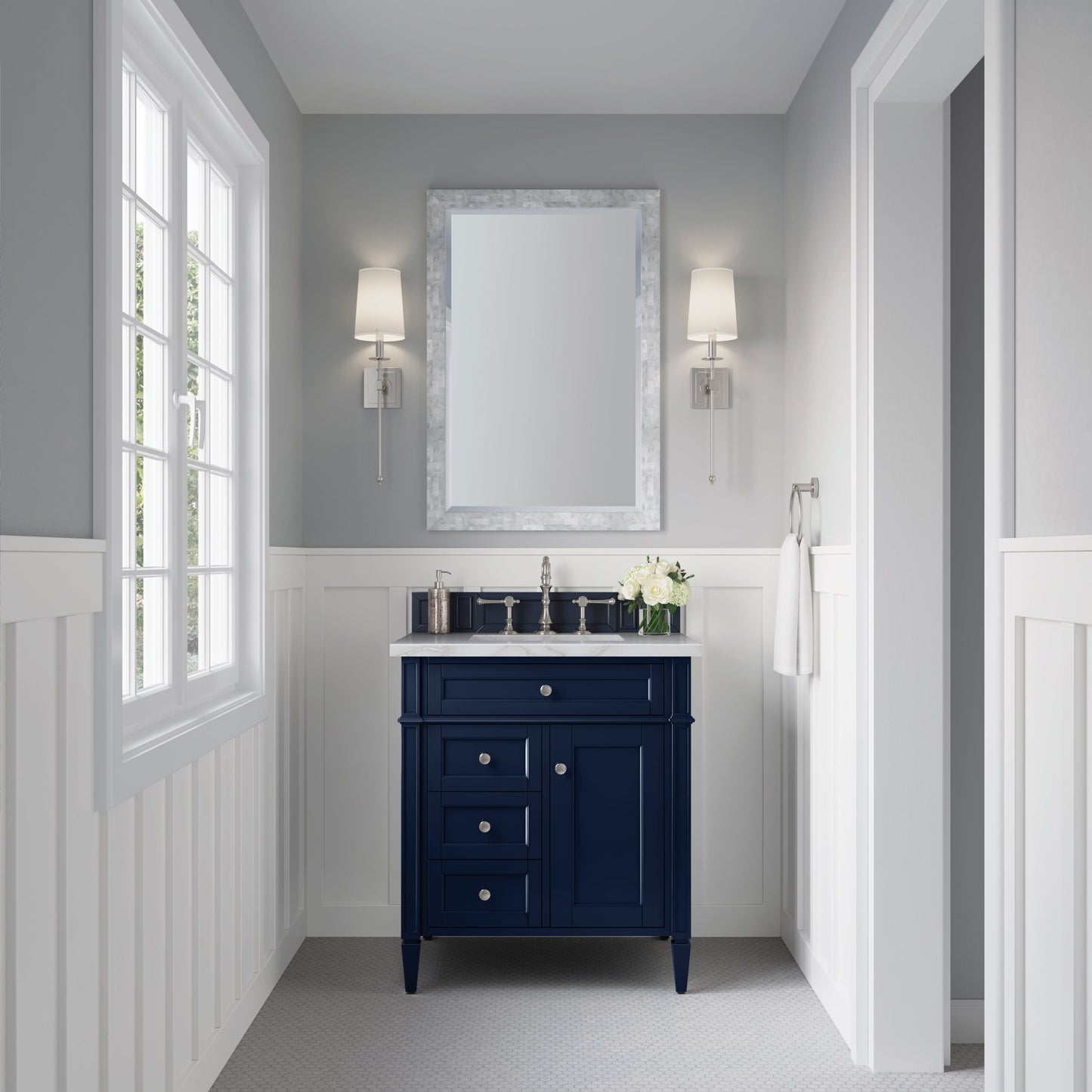 James Martin Vanities Brittany 30" Victory Blue Single Vanity With 3 cm Victorian Silver Quartz Top