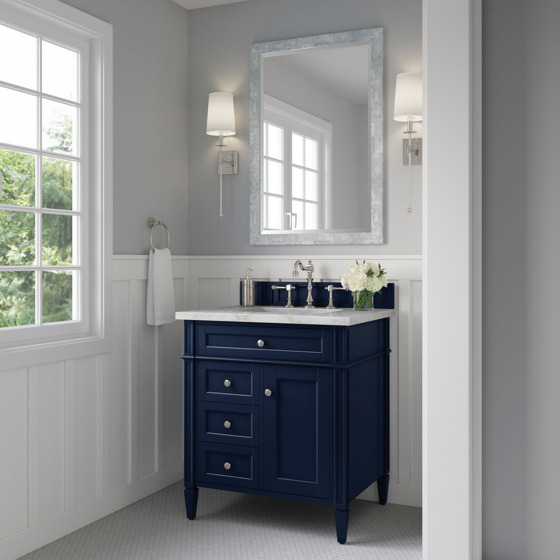 James Martin Vanities Brittany 30" Victory Blue Single Vanity With 3 cm Victorian Silver Quartz Top