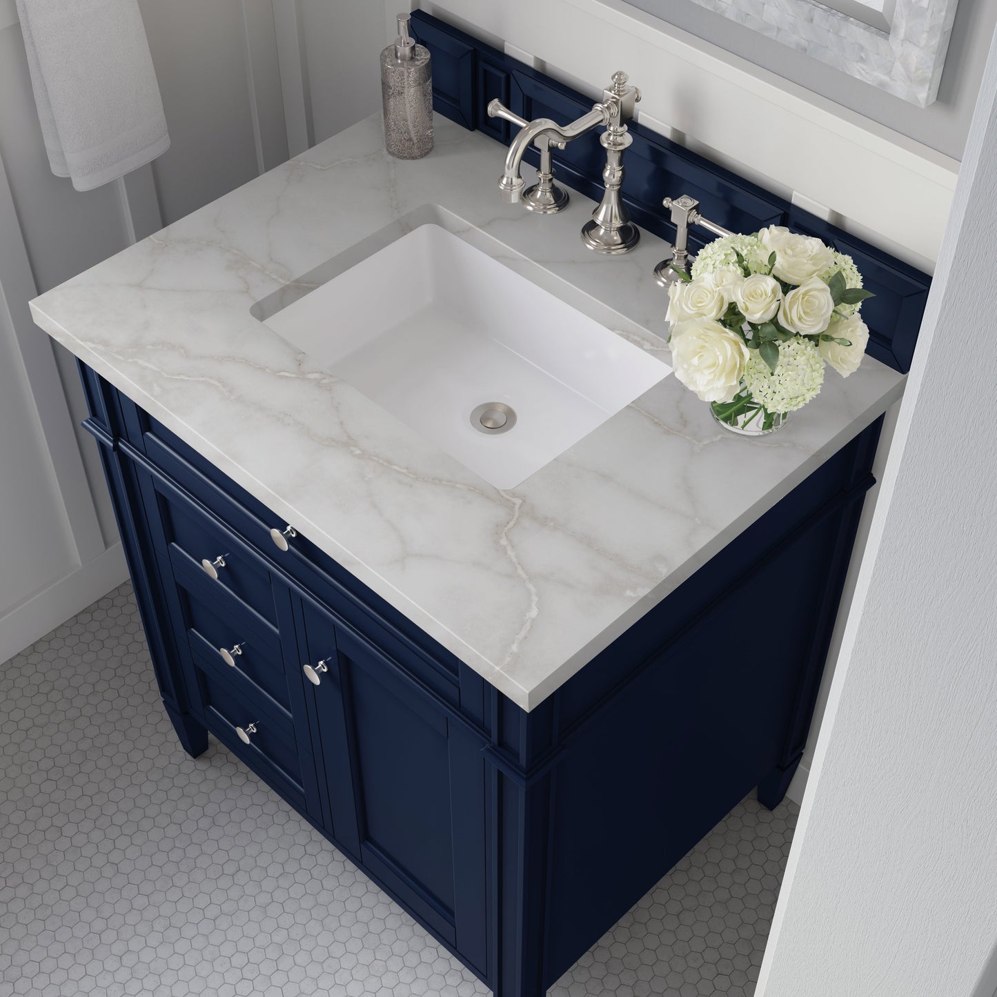 James Martin Vanities Brittany 30" Victory Blue Single Vanity With 3 cm Victorian Silver Quartz Top