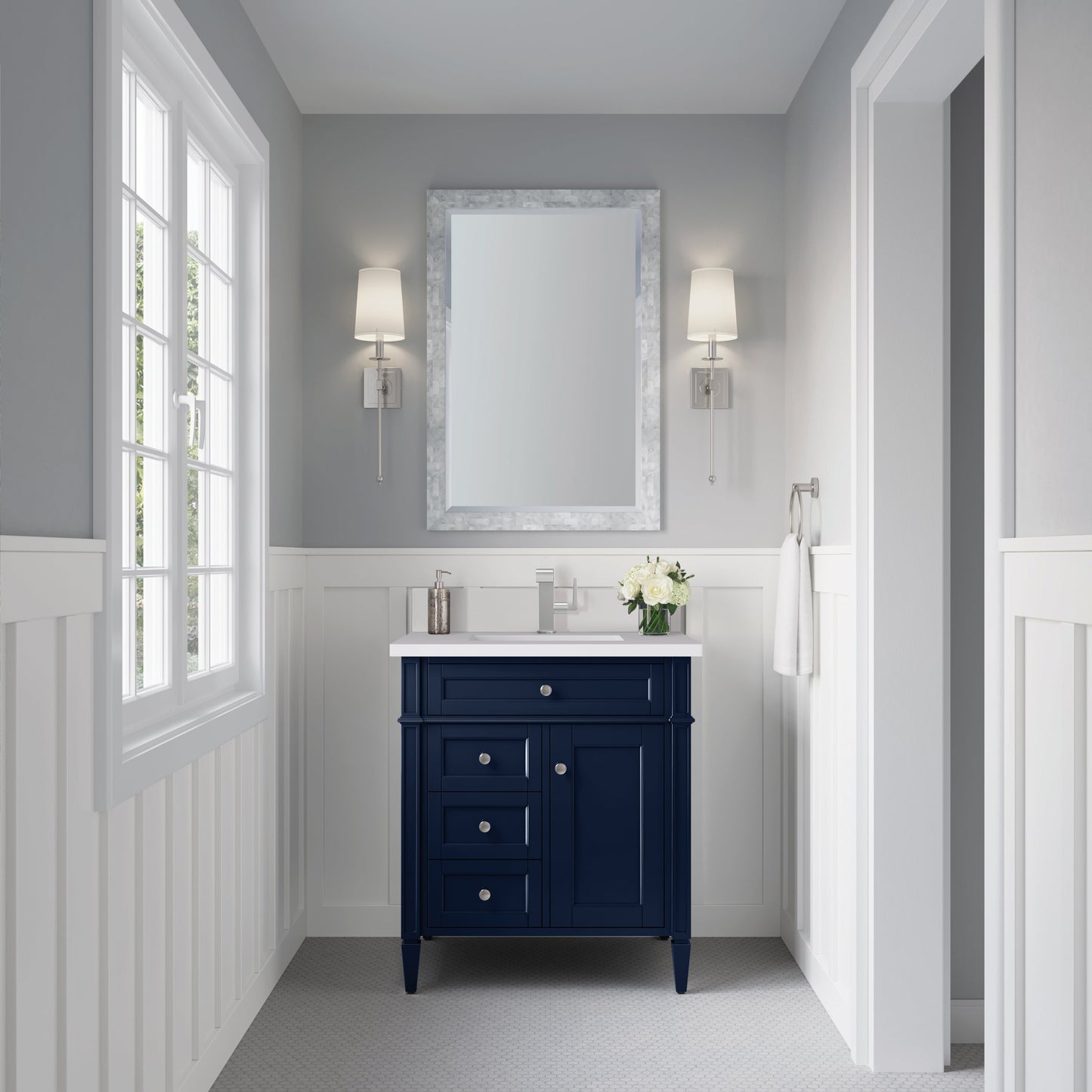 James Martin Vanities Brittany 30" Victory Blue Single Vanity With Single Hole 3 cm White Zeus Quartz Top & Backsplash