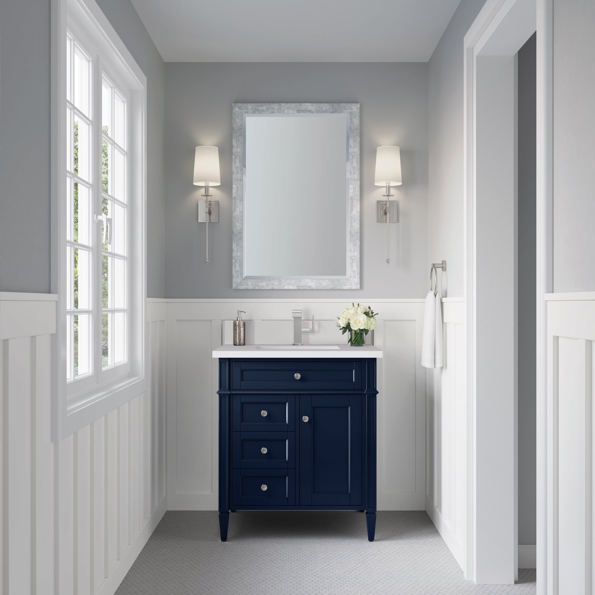 James Martin Vanities Brittany 30" Victory Blue Single Vanity With Single Hole 3 cm White Zeus Quartz Top & Backsplash