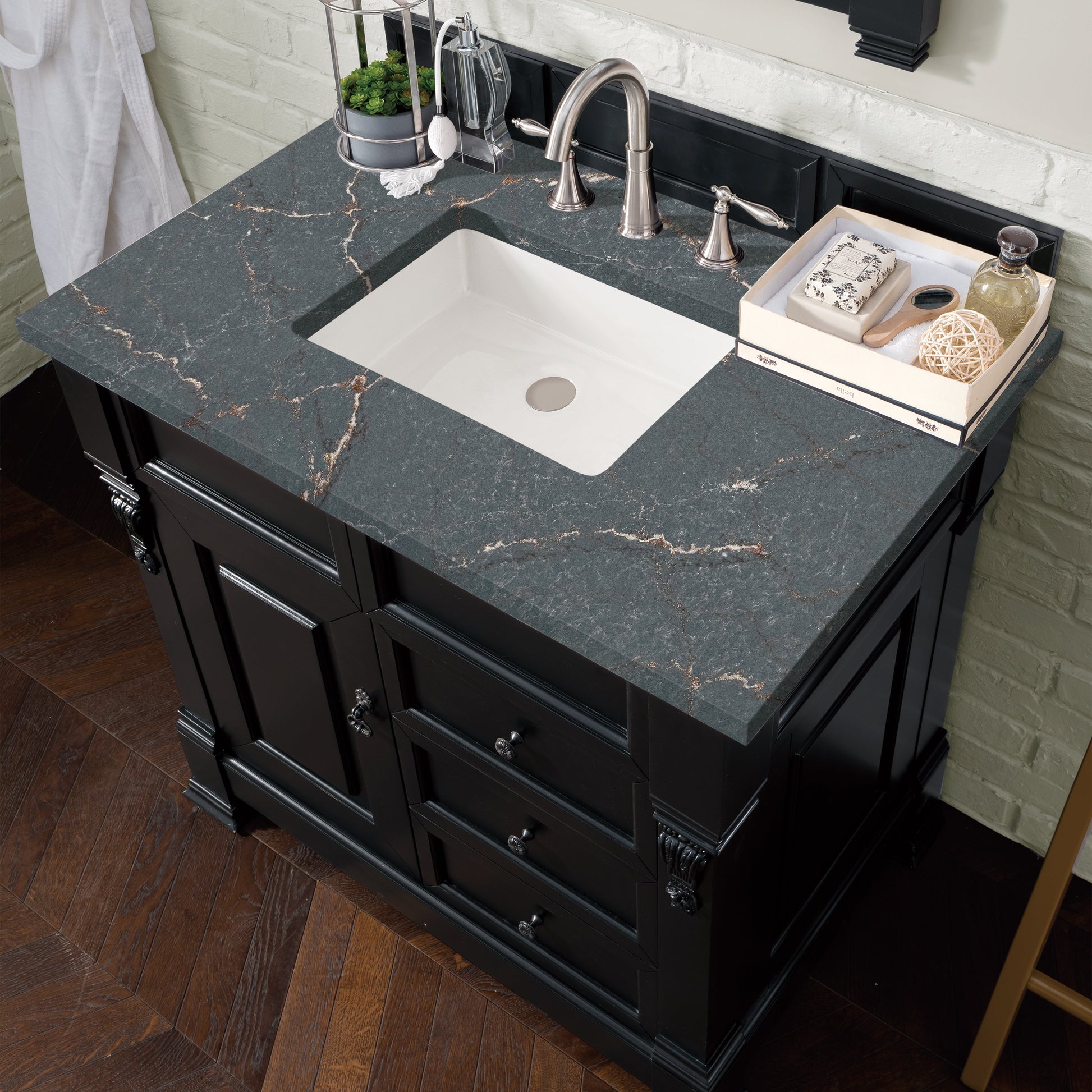 James Martin Vanities Brittany 36" Antique Black Single Vanity With 3 cm Parisien Bleu Quartz Top