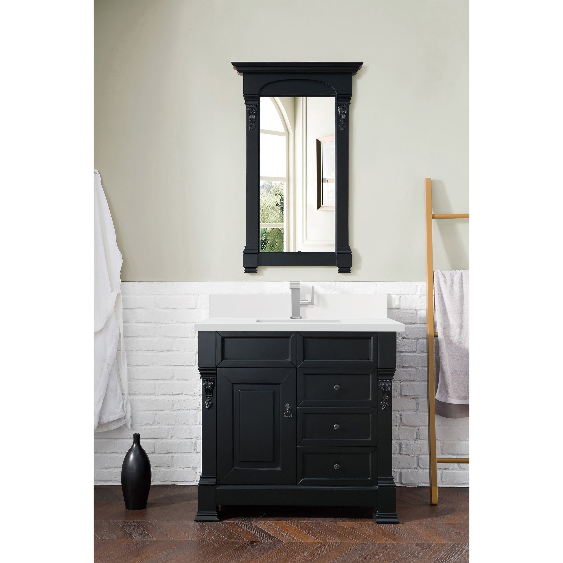 James Martin Vanities Brittany 36" Antique Black Single Vanity With Single Hole 3 cm White Zeus Quartz Top & Backsplash