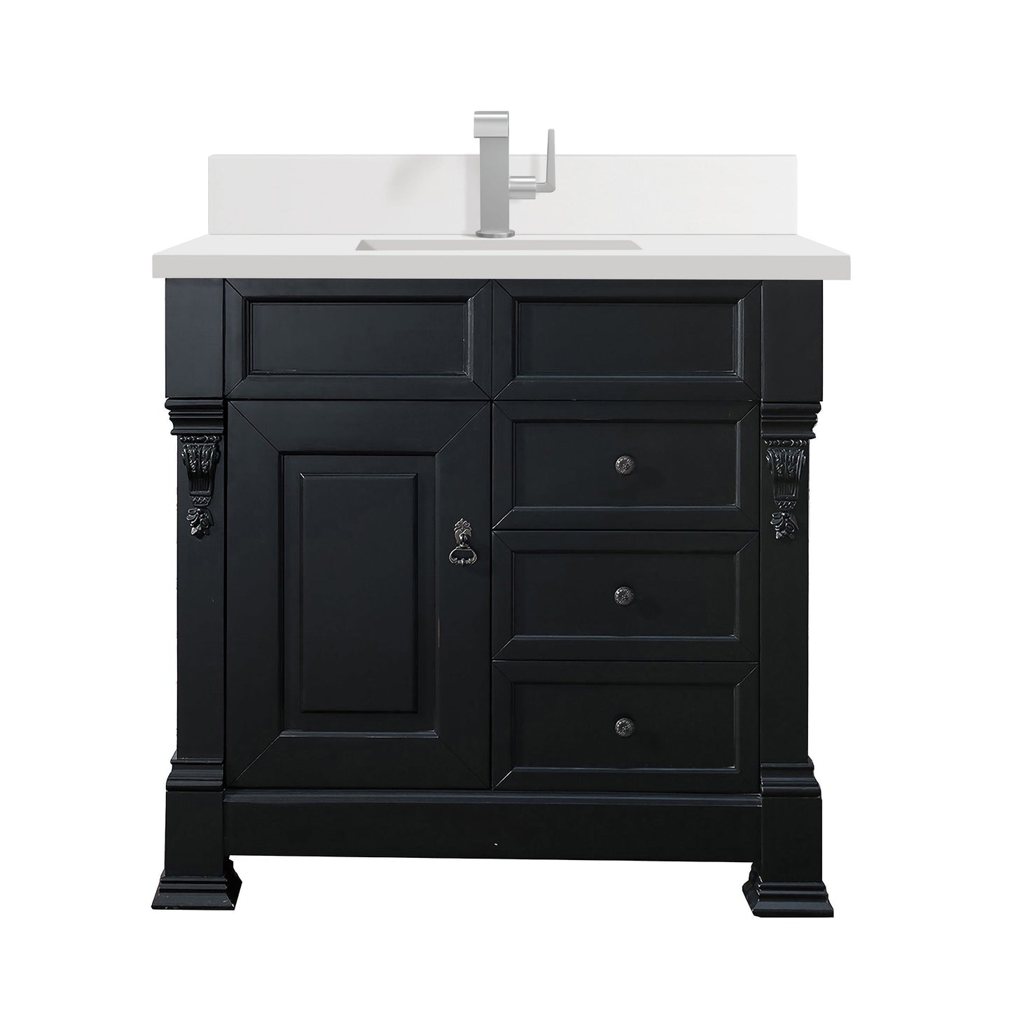 James Martin Vanities Brittany 36" Antique Black Single Vanity With Single Hole 3 cm White Zeus Quartz Top & Backsplash