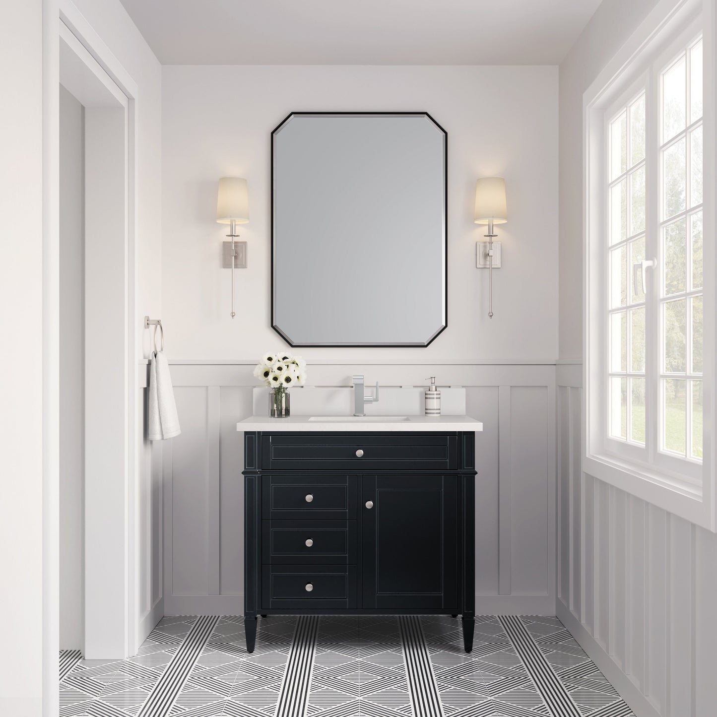 James Martin Vanities Brittany 36" Black Onyx Single Vanity With Single Hole 3 cm White Zeus Quartz Top & Backsplash