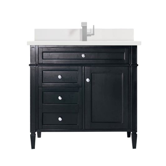 James Martin Vanities Brittany 36" Black Onyx Single Vanity With Single Hole 3 cm White Zeus Quartz Top & Backsplash