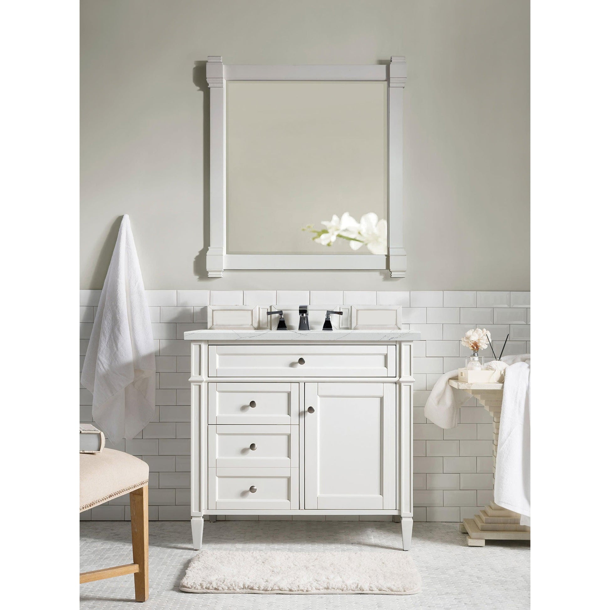 James Martin Vanities Brittany 36" Bright White Single Vanity With 3cm Ethereal Noctis Quartz Top